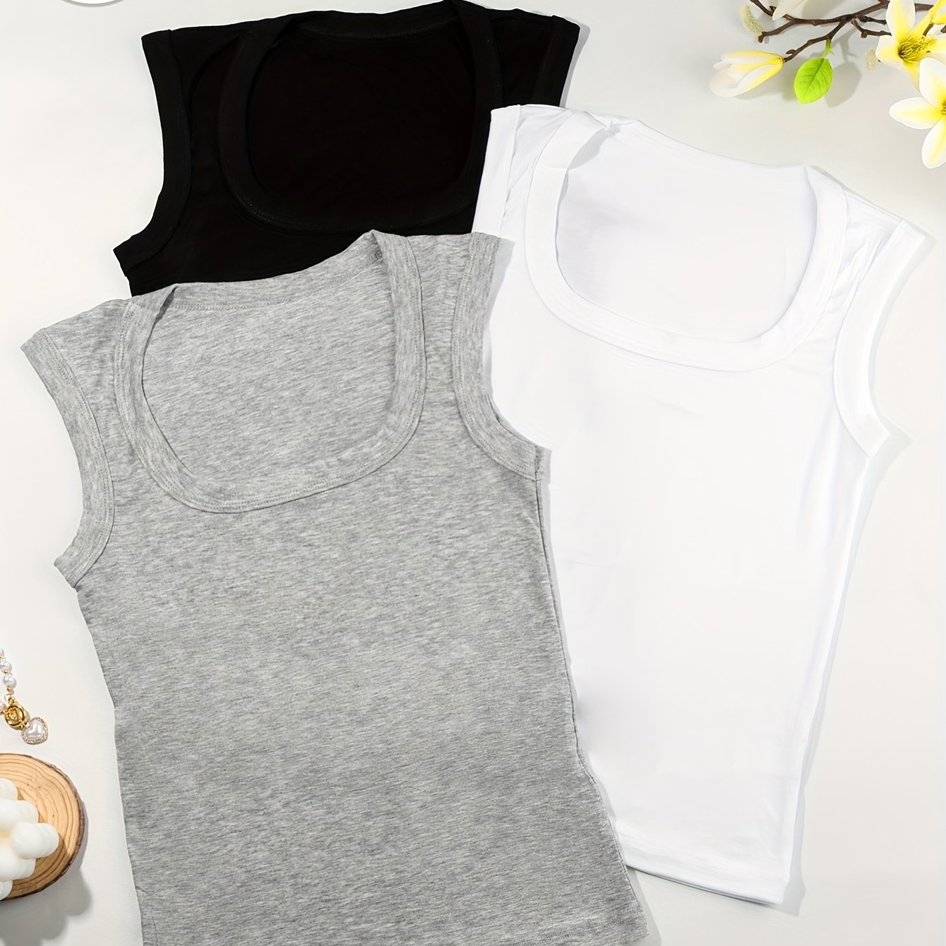 TEMU 3pcs Comfortable Breathable Sleeveless Women's Fashion Solid Color Simple Vest Set