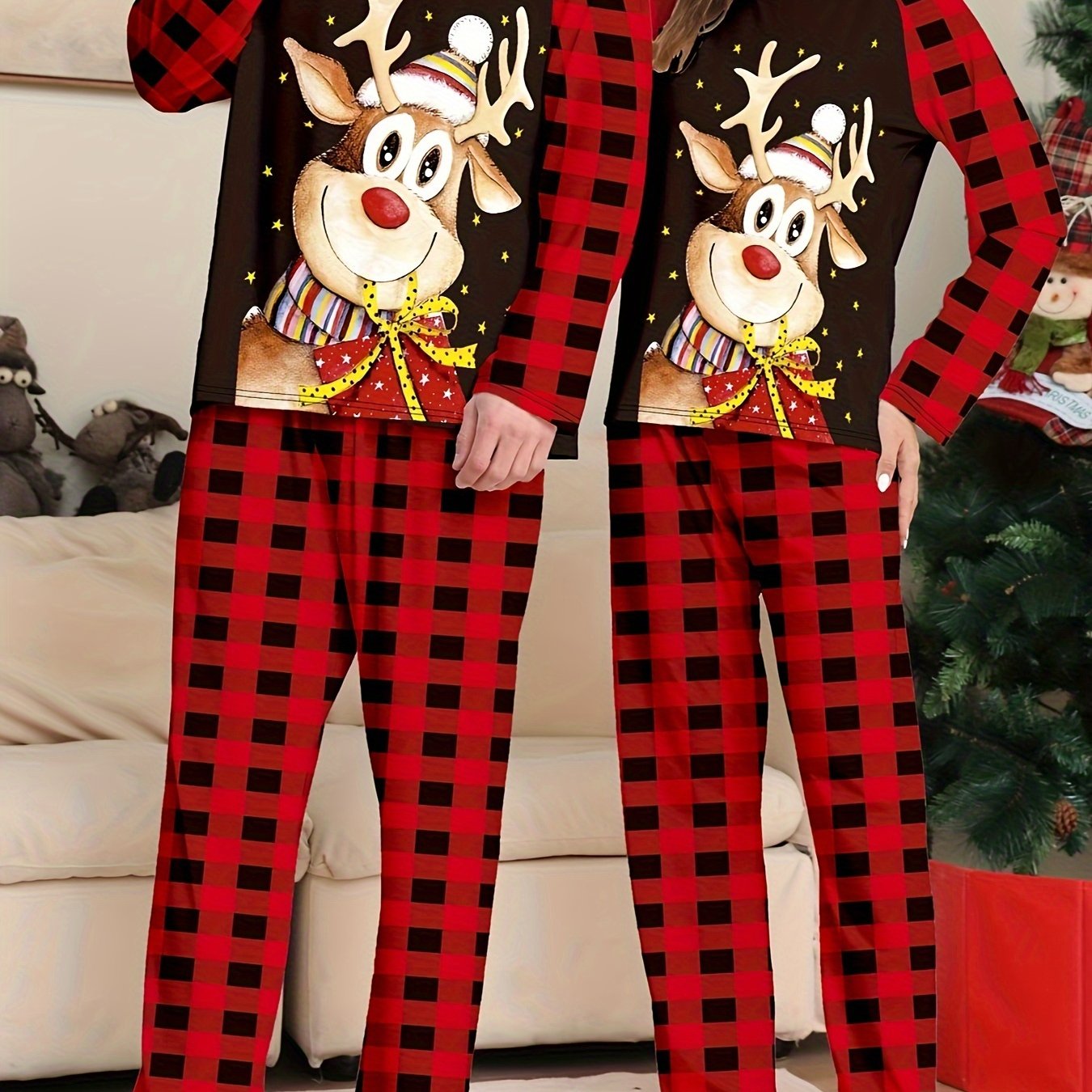 TEMU Cozy Christmas Reindeer & Pajama Set For Teens - Long Sleeve Crew Neck Top & Pants, Soft Polyester Blend, Machine Washable, Christmas Pajamas