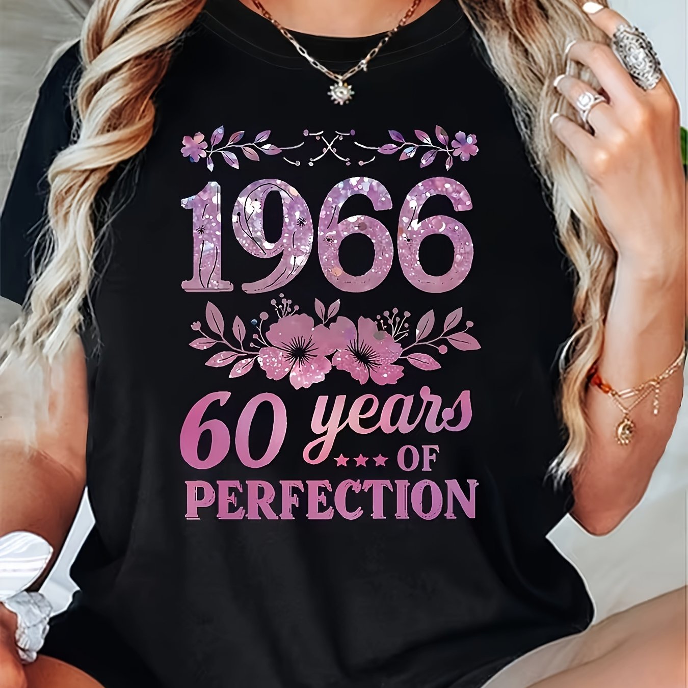 TEMU Women's 1966 60th Birthday T-shirt - 60 Years Of Perfection Glitter Flower Slogan & Number 1966, Short Sleeve Round Neck Top, Machine Washable