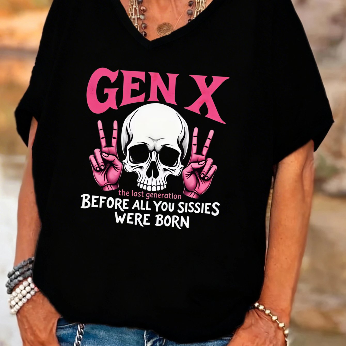 TEMU Plus Size, Casual Graphic Women's V-neck Batwing Sleeves T-shirt Skull Peace Sign Humor Print Summer Fall For Mom Wife Girlfriend