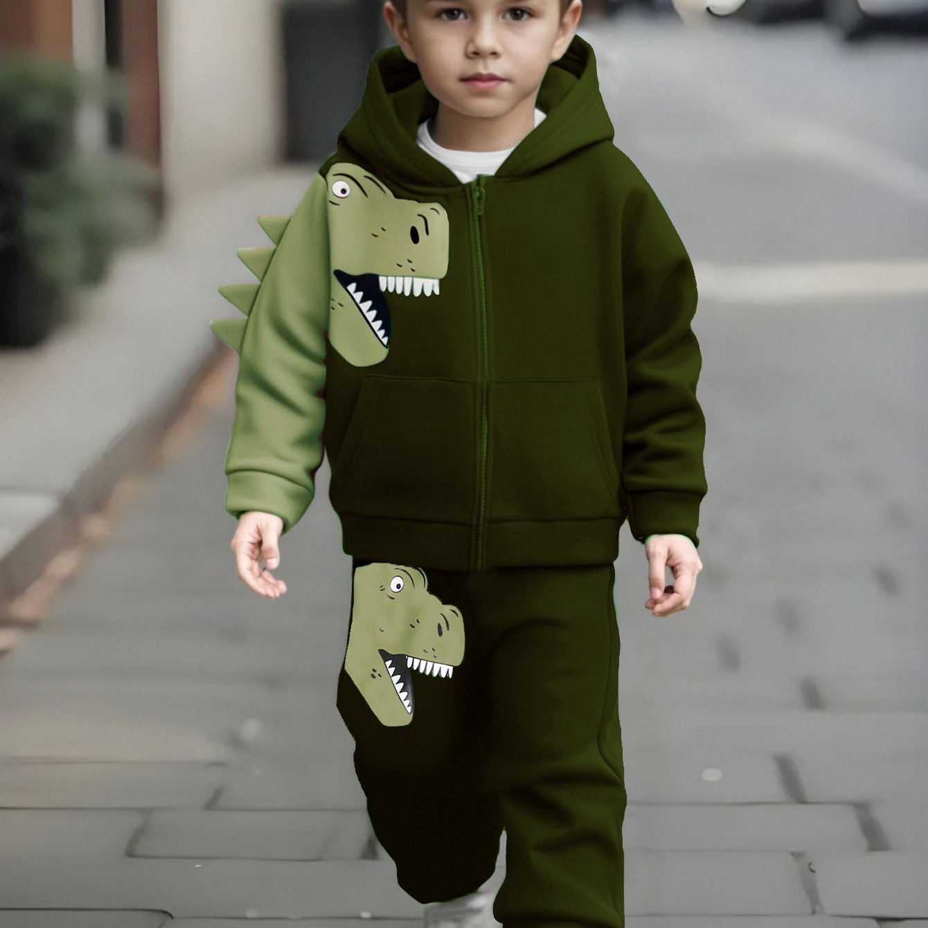 Image of 2pcs ' Dinosaur Pattern Open Front Zip-up Hoodie And Dinosaur Pattern Pants Sweatshirt Set, Suitable For Autumn Winter, Warm And Comfortable, For Outdoor, Boys And Gilrs Clothes