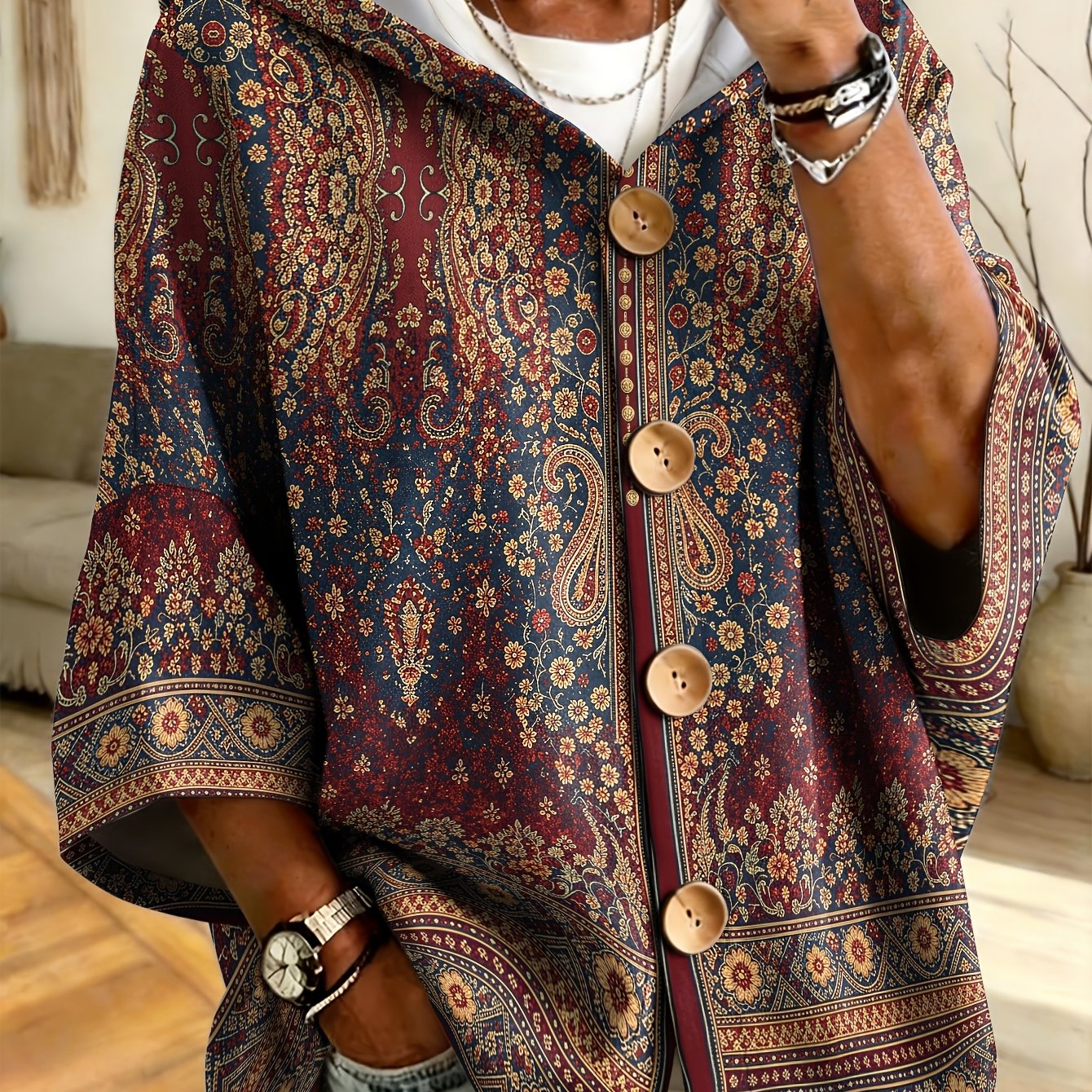 TEMU Plus Size, European And -size Hooded Sweatshirt With Paisley Print And Wooden Button Cardigan Design. Loose Batwing Sleeves Conceal And Slim The