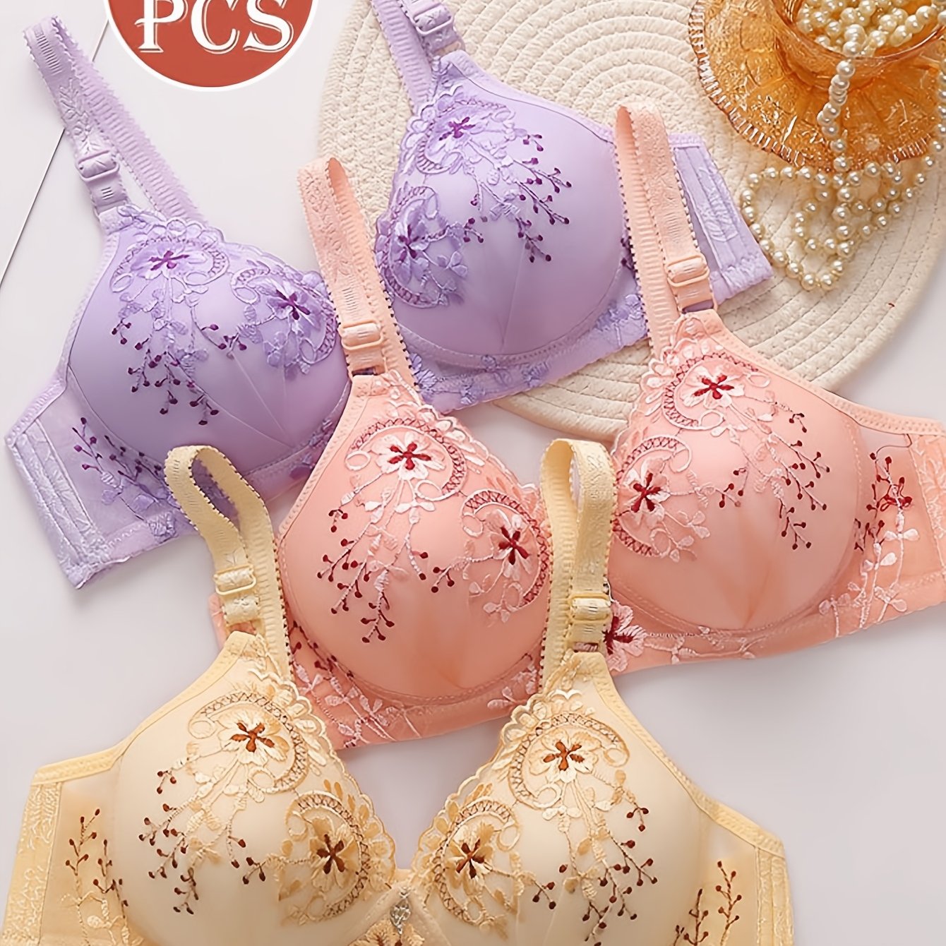 TEMU 3pcs Elegant High-quality Printed Plus Size Women's Bras, Breathable Adjustable Bras, Wireless Gathered Lingerie For Women