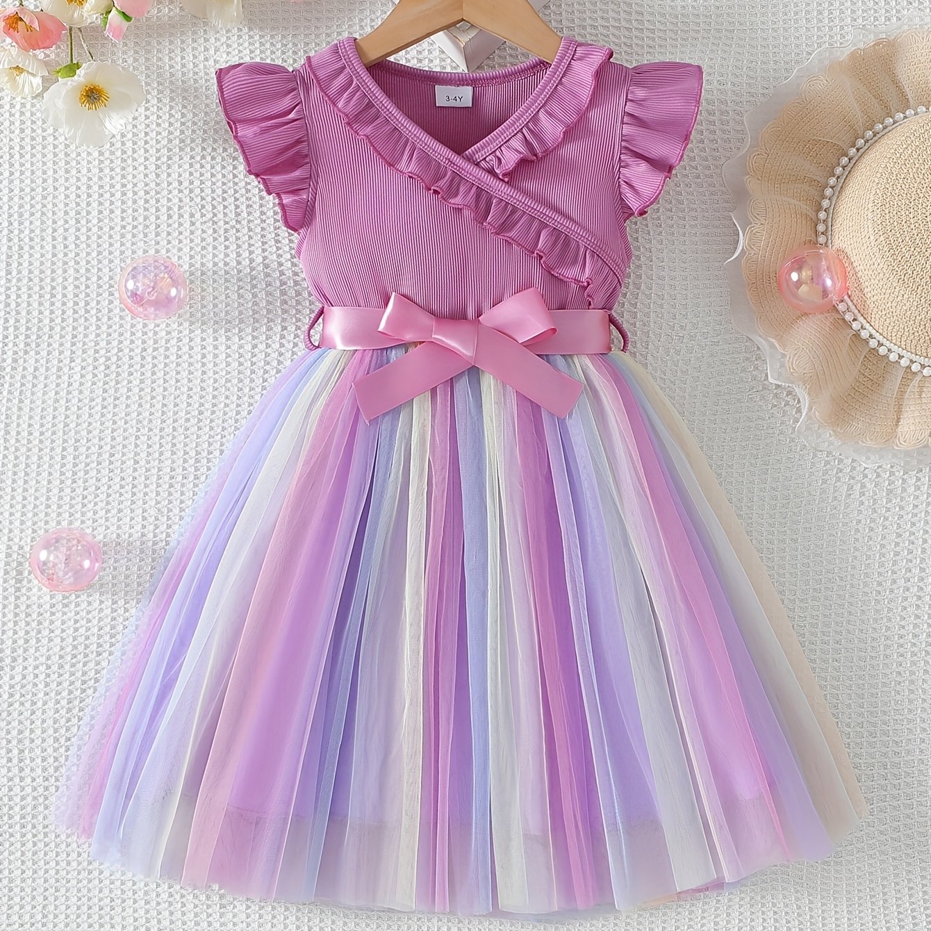 Coviviky Girls' Summer Party Princess Tutu Dress, Solid Color Vertical Pleated Ruffle With Rainbow Mesh Ballet Skirt, Includes Waist Belt