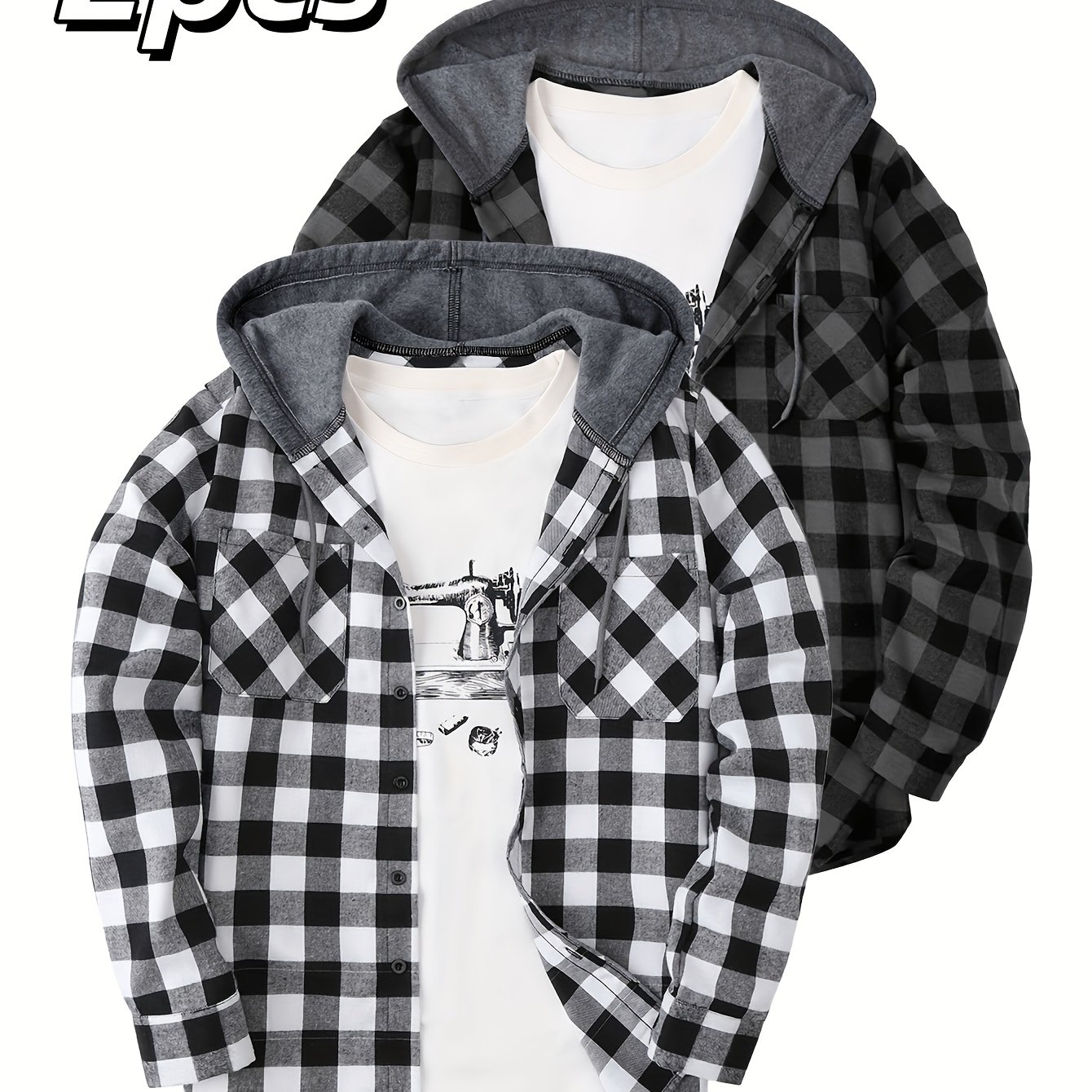 Image of 2pcs Men's Fashion Trendy Shirt Hoodie, Pullover Sweatshirt Flannel Hoodie