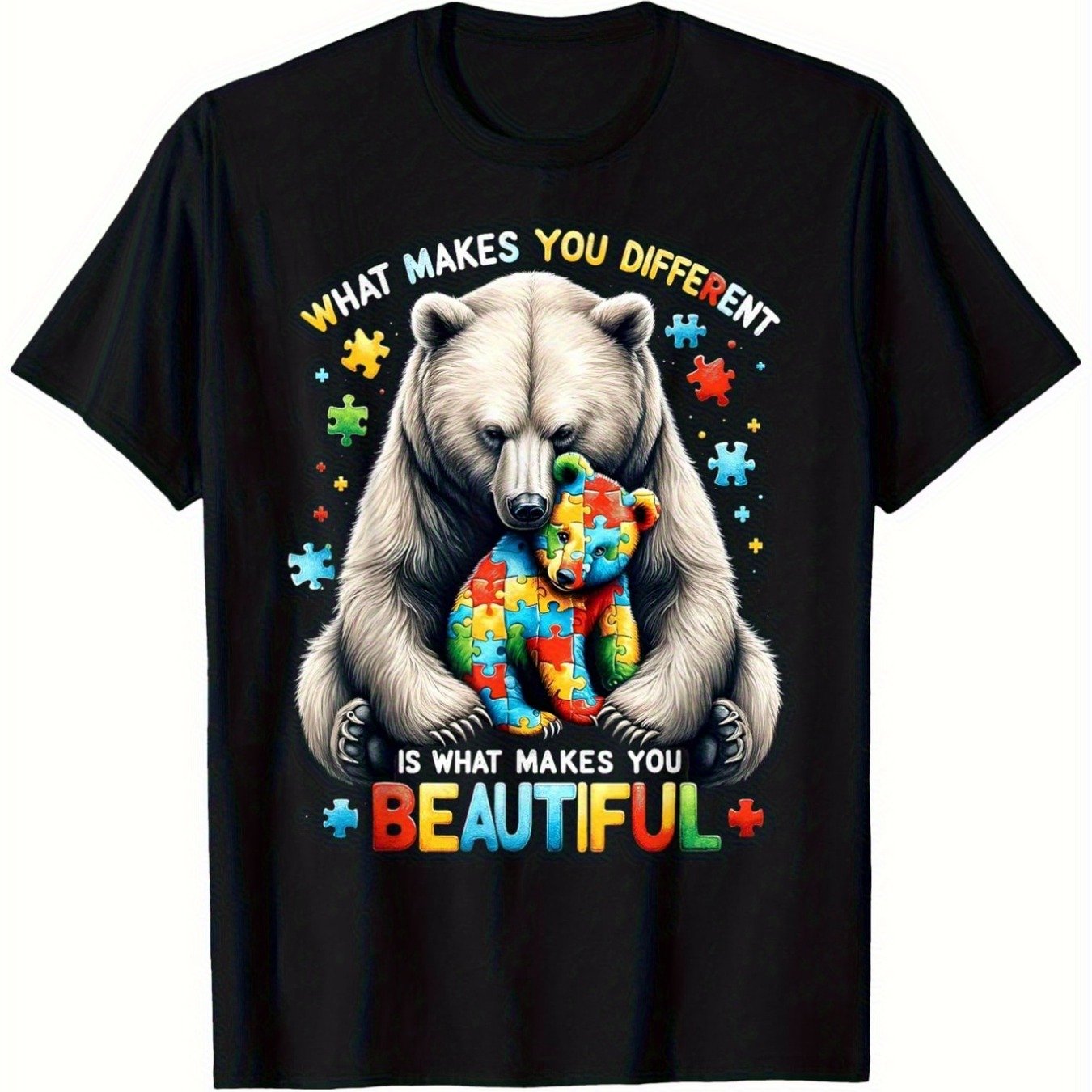 TEMU Men's Black 100% 180gsm Heavyweight T-shirt With Puzzle Piece Bear & Autism Awareness Design - Different Is Beautiful Slogan, Casual Round Neck