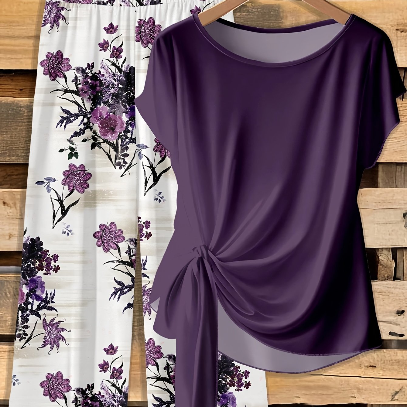 TEMU Women's Shirt With Bow Tie And Floral Pattern, Loose Straight-leg Pants, Two-piece Set