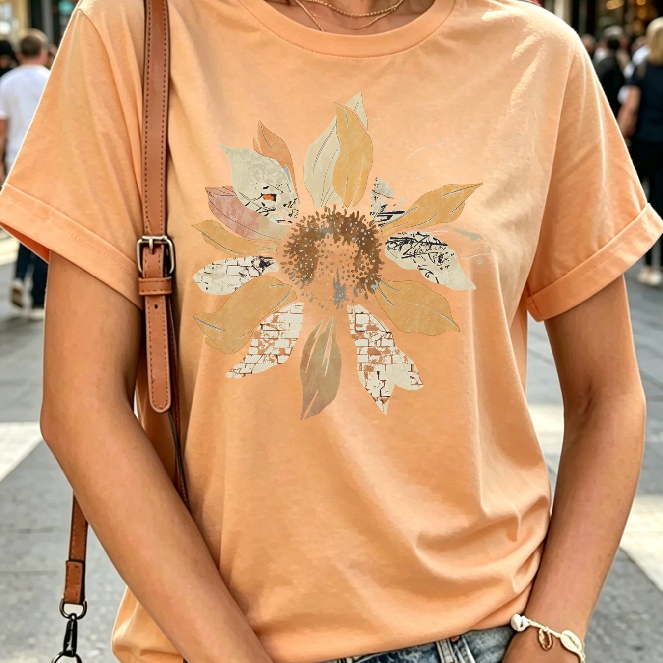 Ladies' Black Sunflower Printed Short Sleeve T-shirt - The Essential With Loose Fit, And For And Travel