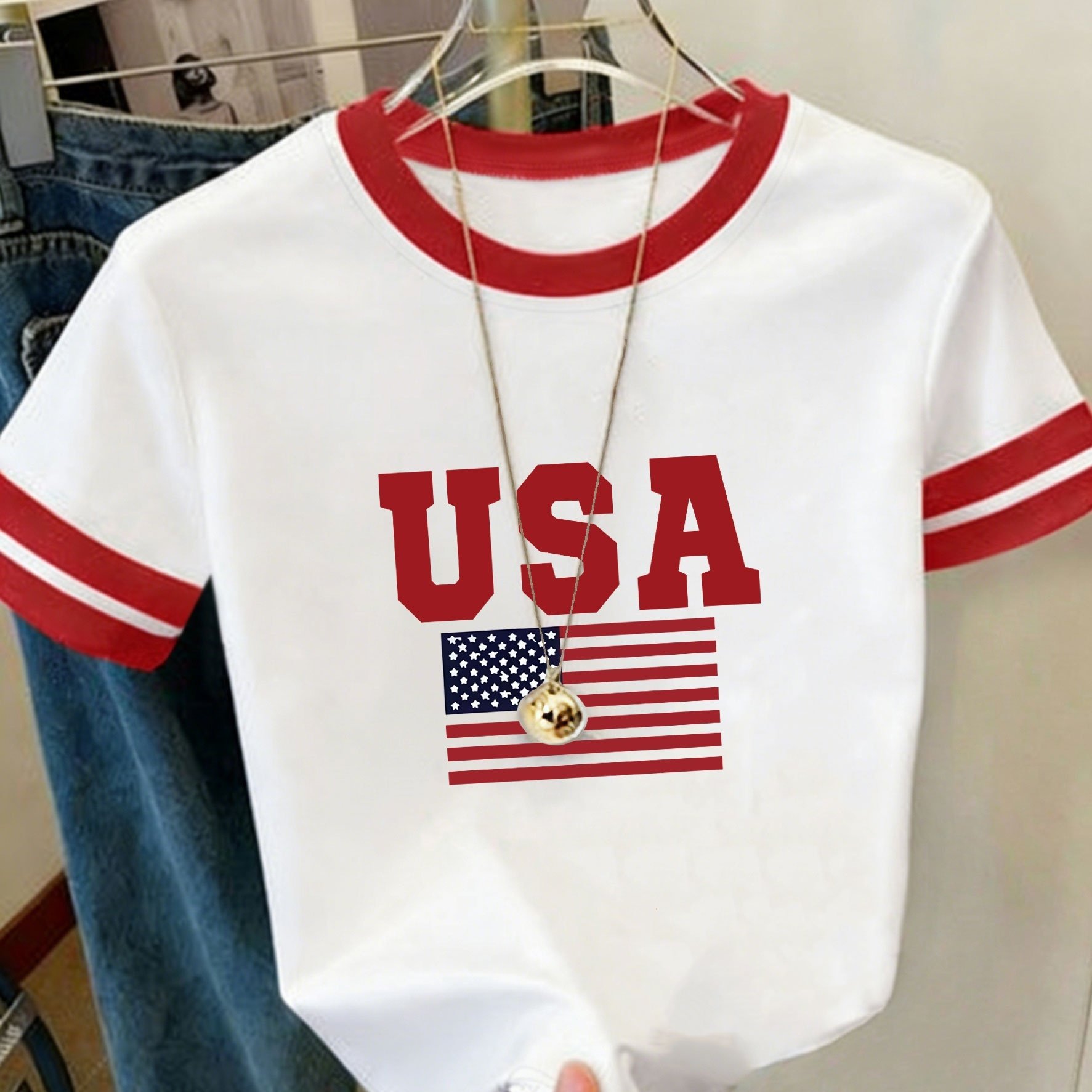 TEMU D345-spring Summer Versatile Contrast Round Neck Short Sleeve T-shirt, Fashionable All-match Usa Flag Letter Print Pattern, Korean Age-reducing