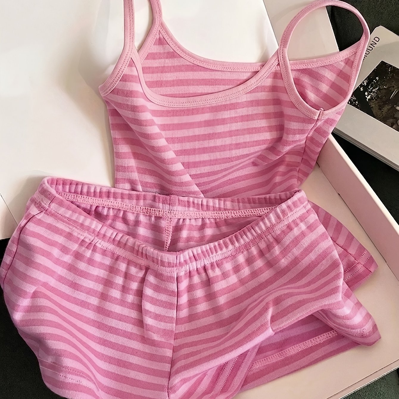 TEMU Women's 2pcs Striped Cami Top And Elastic Waist Soft Comfortable Shorts Set Pb-1917