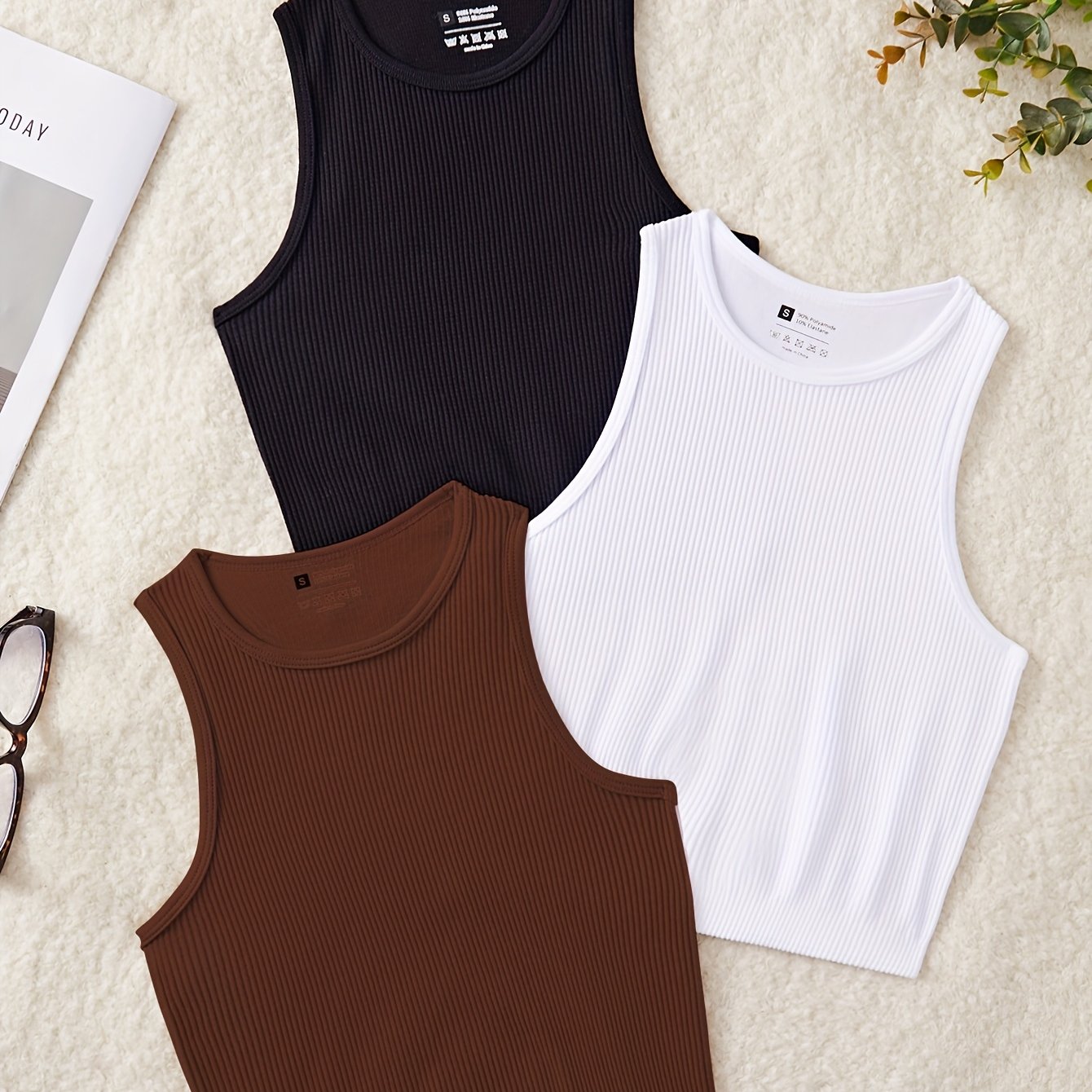 E-shop 3er-Set nahtlose, ärmellose Yoga-Sport-Tanktops für Damen, Rippstrickstoff, atmungsaktives Design, geeignet für den täglichen Gebrauch mit Hosen
