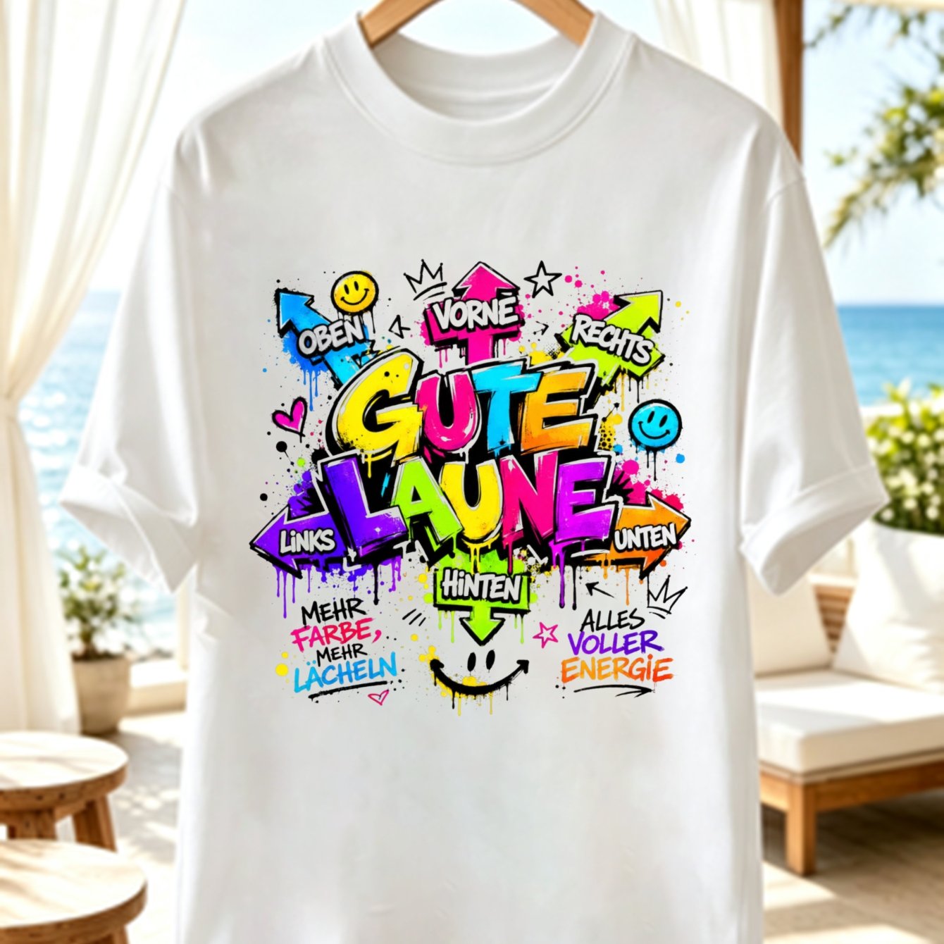Image of Oversize T-shirt For Women With "german " Lettering In A Featuring Sm Faces, Hearts, Stars, And The Motto "more Colors, More , " Oversize Unisex T-shirt