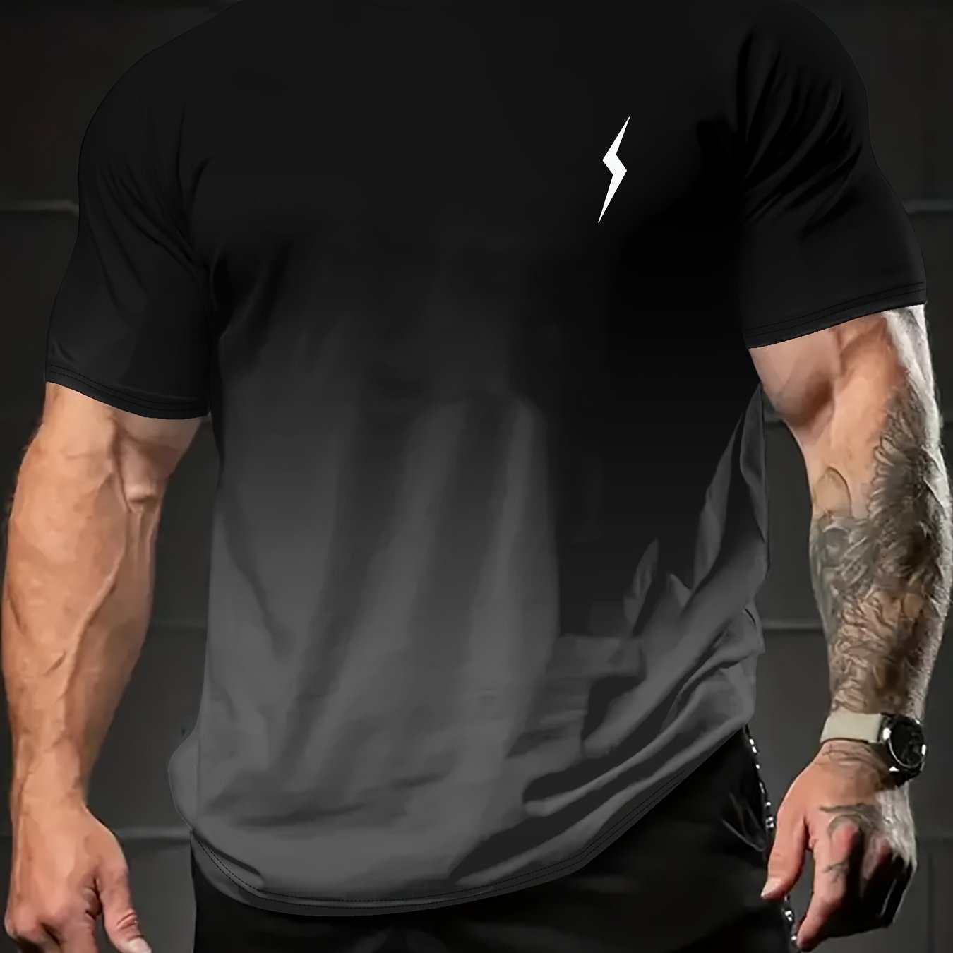 TEMU Men's Summer Casual Sports T-shirt, Lightning Pattern Gradient Color, Fashionable Short-sleeve Athletic Top, Plus Size