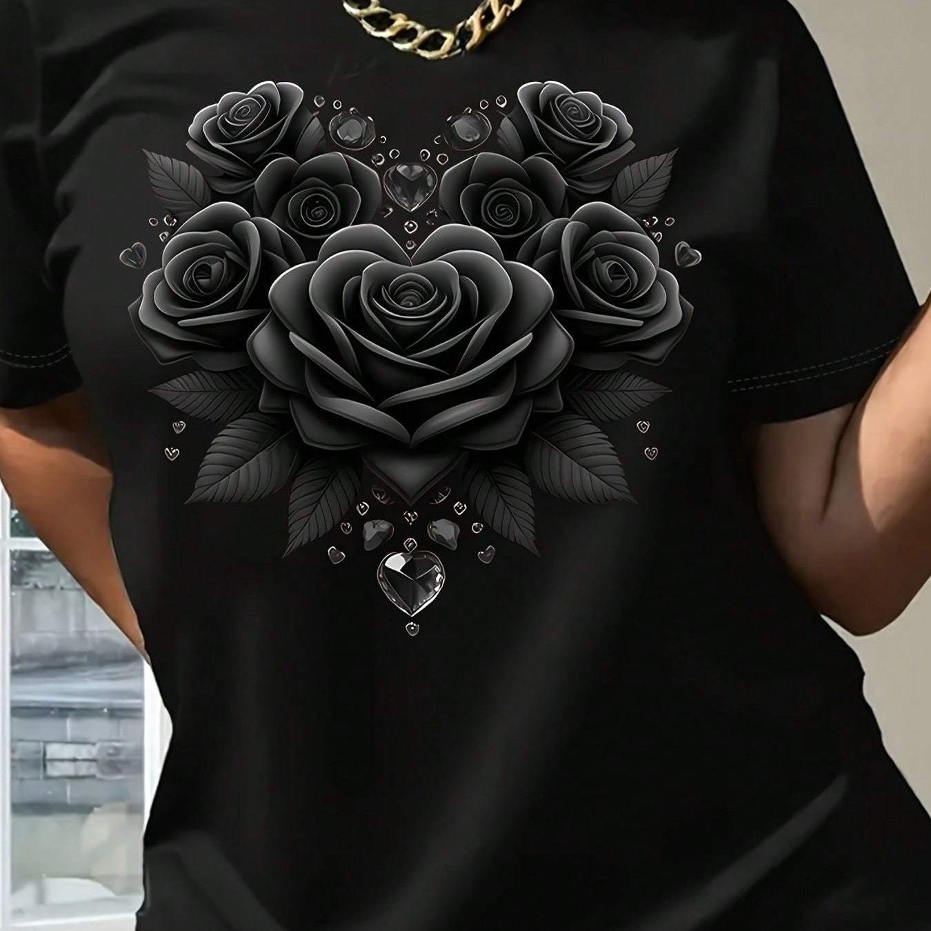 Women' Graphic Print T-shirt, 180g Short Sleeve Design, Casual Round Neck Floral Tee, Everyday Wear Stylish Outfit