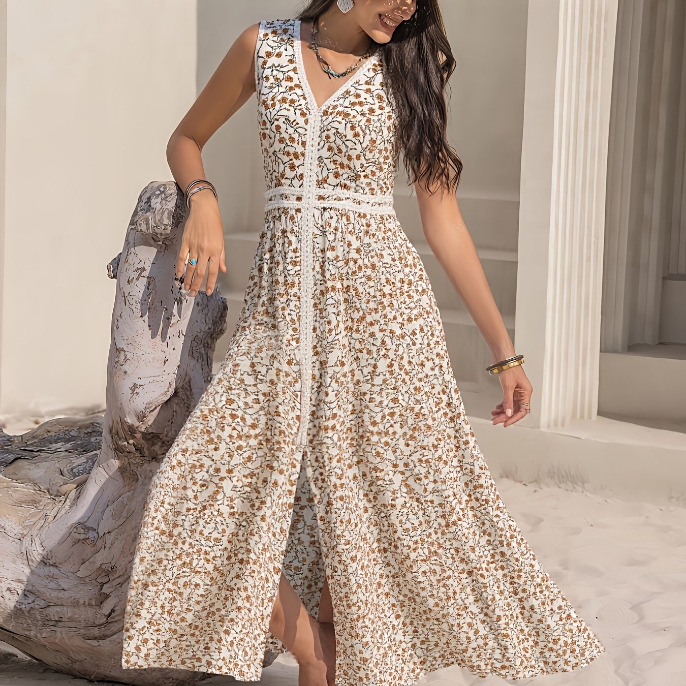 Elegant V-neck Lace- Off-the-shoulder Long Dress With Floral Pattern