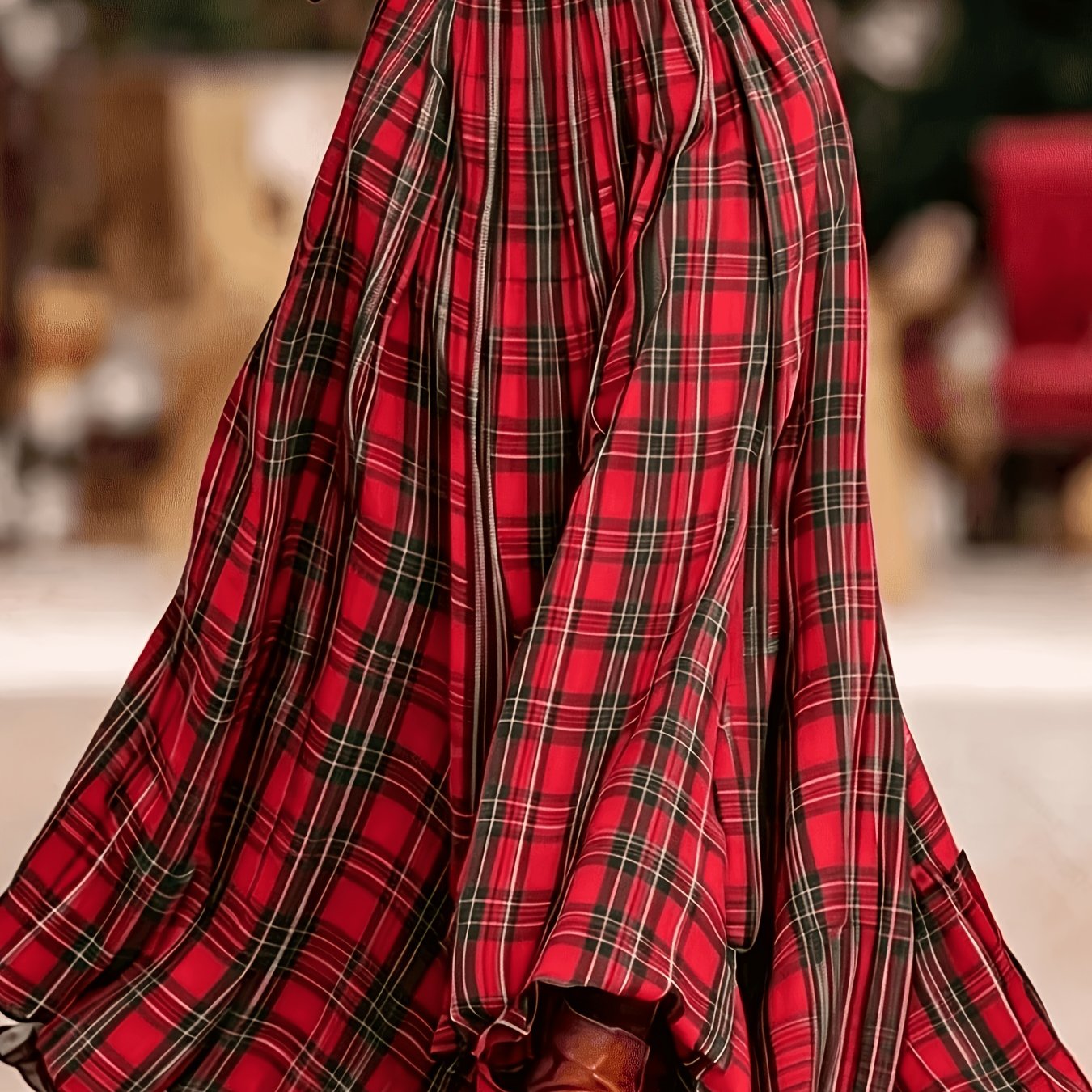 TEMU Jupe à carreaux rouges de style de Noël pour femme