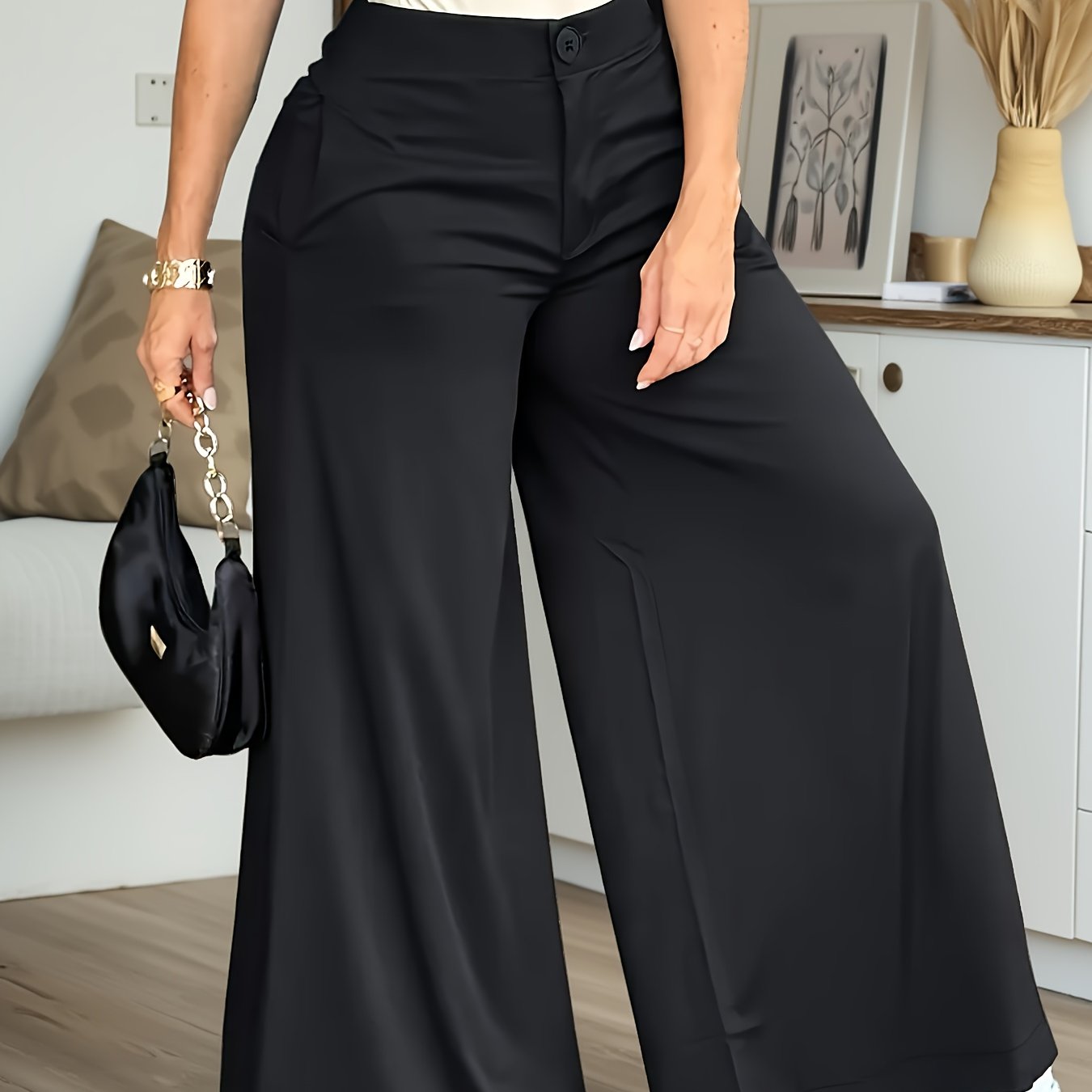 TEMU Talla Grande - Talla Grande - Pantalones de Pierna Ancha Holgados Casuales de Color Sólido a para Mujer y de Talla