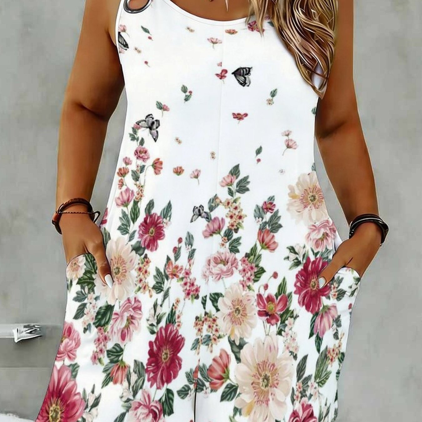 Plus Size Women's Summer Sleeveless Floral Printed Jumpsuit, Camisole Straps With Ring Buckles And , Machine Washable. Elegant Casual Summer Outer Piece, Suitable For Or