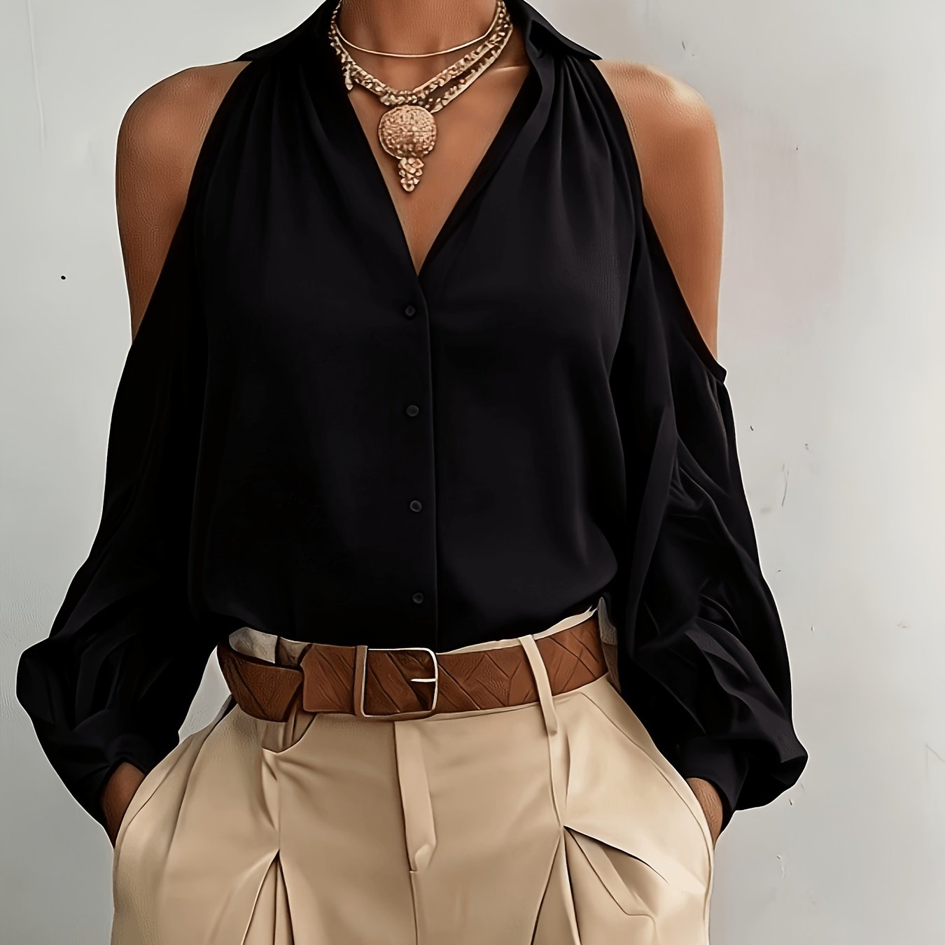 TEMU Women's Elegant Top, Summer Off-shoulder Solid Color Blouse, For Commuting, Dating, And Daily Versatile Wear, With Lapel Collar And Buttons,