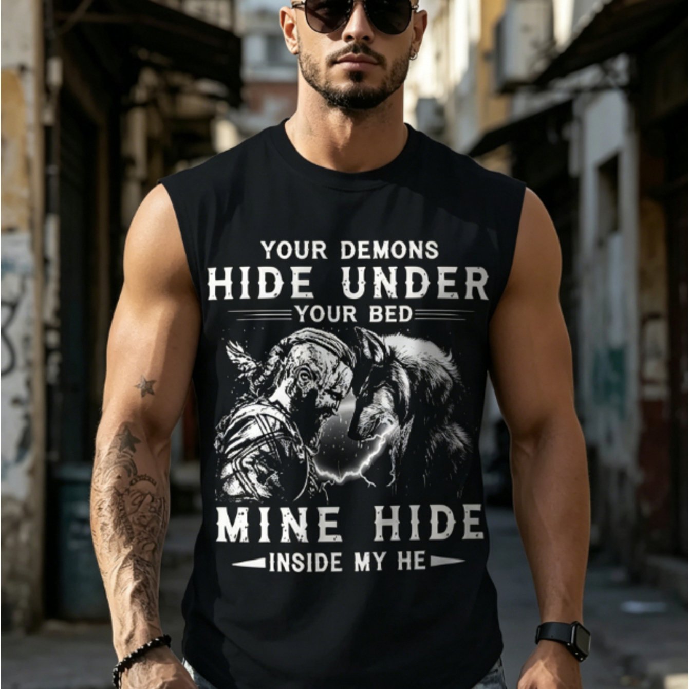TEMU [printed Design - Not Textured] Werewolf Vintage Distressed English Print Men's Sleeveless Tank Top 2026 Summer New Arrival Dark Style, Suitable