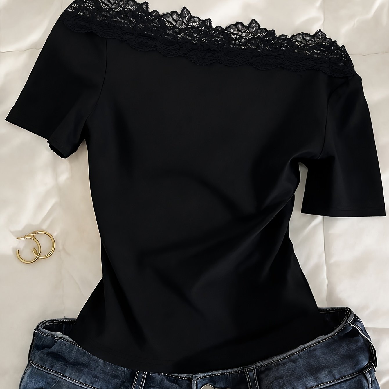 TEMU Fashionable Hot Solid Color Lace Short Sleeve T-shirt Slim For Women