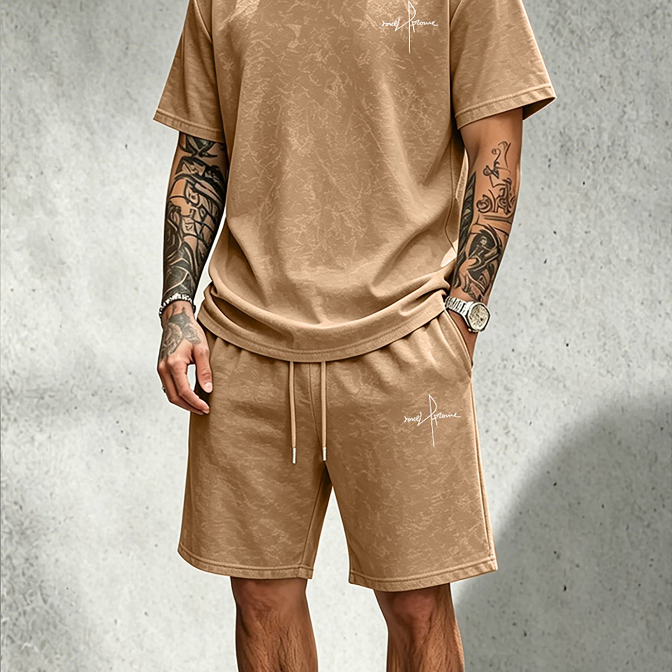 TEMU Letter Print Short Sleeve And Shorts Set Men's Summer Washed Distressed Athletic Two-piece