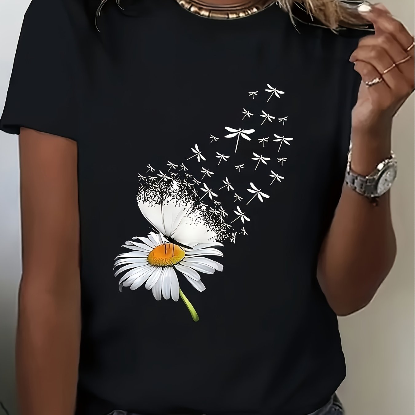 TEMU T-shirt décontracté à imprimé marguerite, manches courtes et col rond, idéal pour de l'année, lavable en machine, chemisier compatible avec les