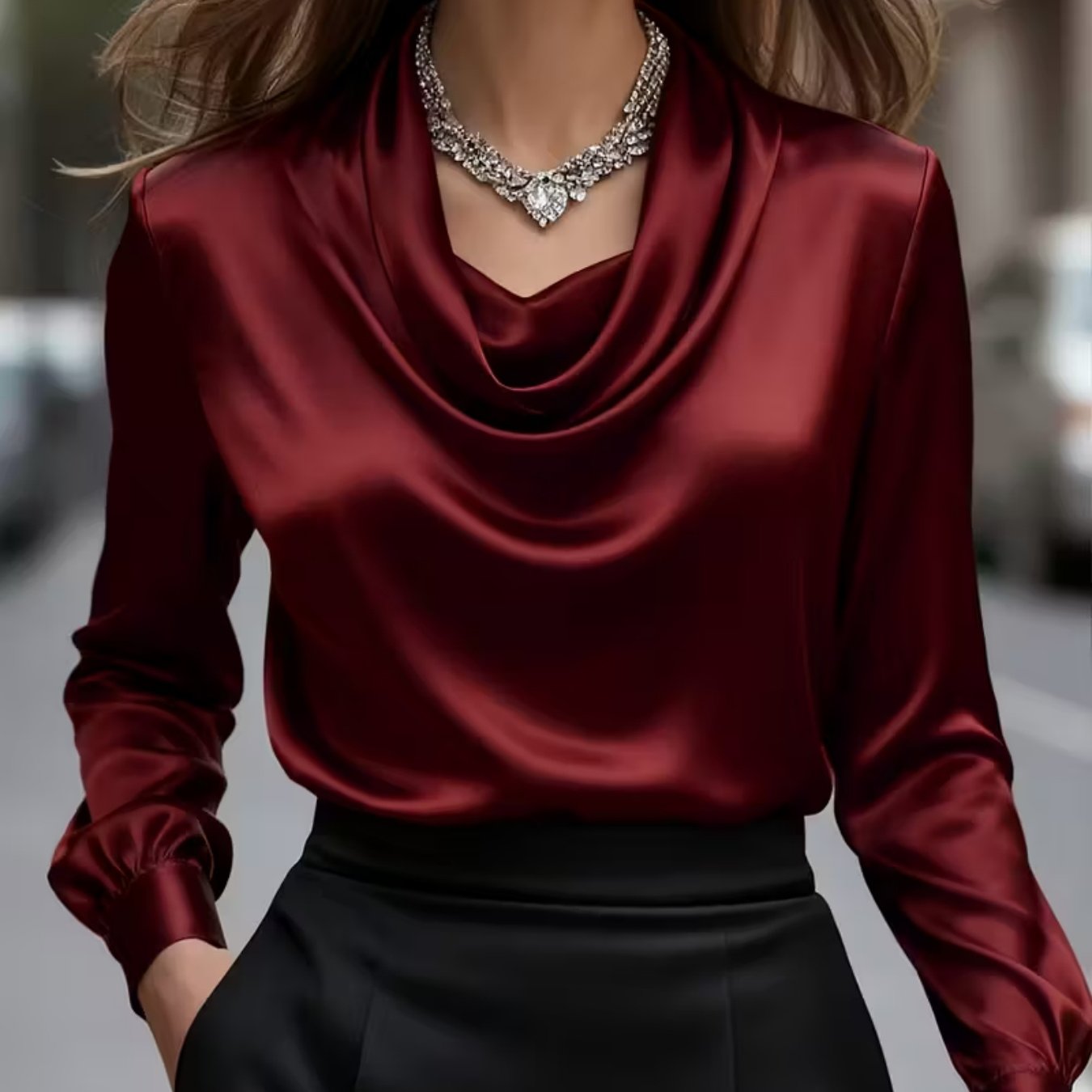 TEMU Plus Size, Spring/summer/autumn Plus Size Women' Color Satin Top With Ruched Neckline, Long Sleeves, Smooth And -friendly Fabric, Elegant And