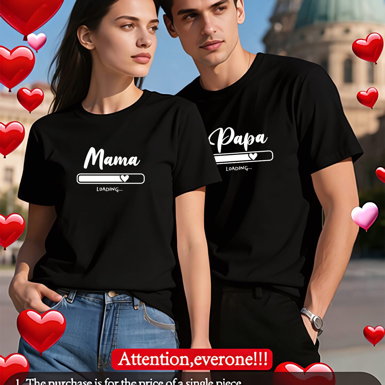Matching Couple's Outfit Set: Themed T-shirts With Loading & Heart Print, Loose-knit Round Neck Short Sleeve, Machine Washable Streetwear For And, Casual Matching Outfits Suitable For