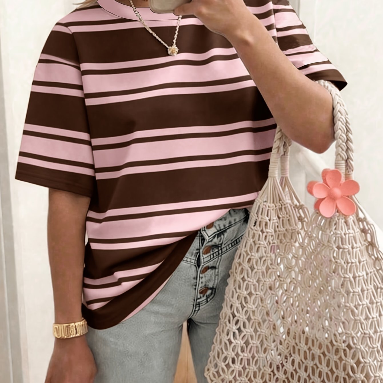 TEMU [printed Design - Not Textured] Fashionable Versatile Striped Plus Size T-shirt, Plus Size