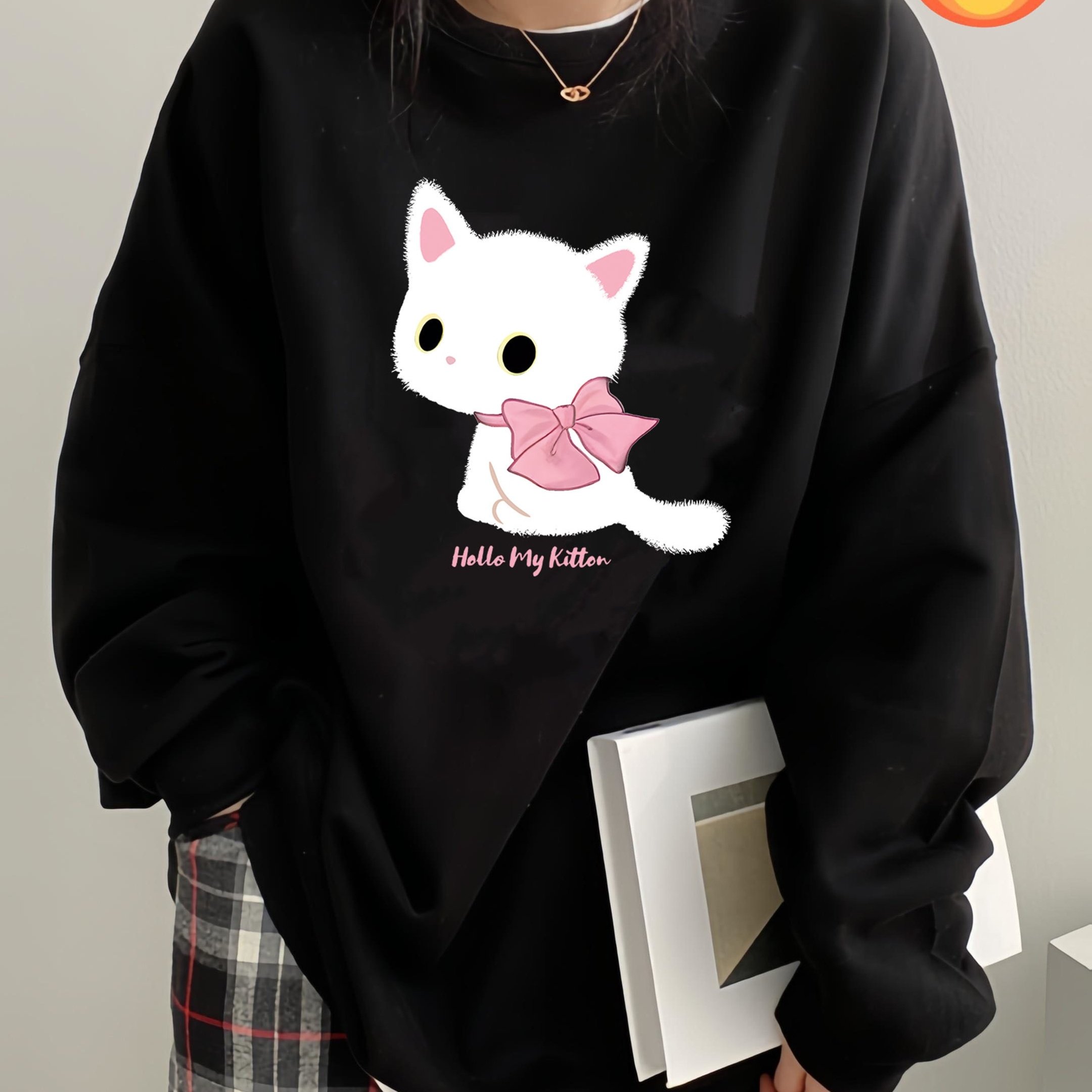 TEMU 아기 고양이 프린트 스웨트셔츠 - 캐주얼 긴팔 원단, 가을 겨울에 완벽한 편안한 여성용 라운드넥 스웨터 패션 여성용 라운드넥 - 부드럽고 통기성이 좋으며 세탁기 사용 가능한 긴팔 풀오버, 캐주얼 웨어