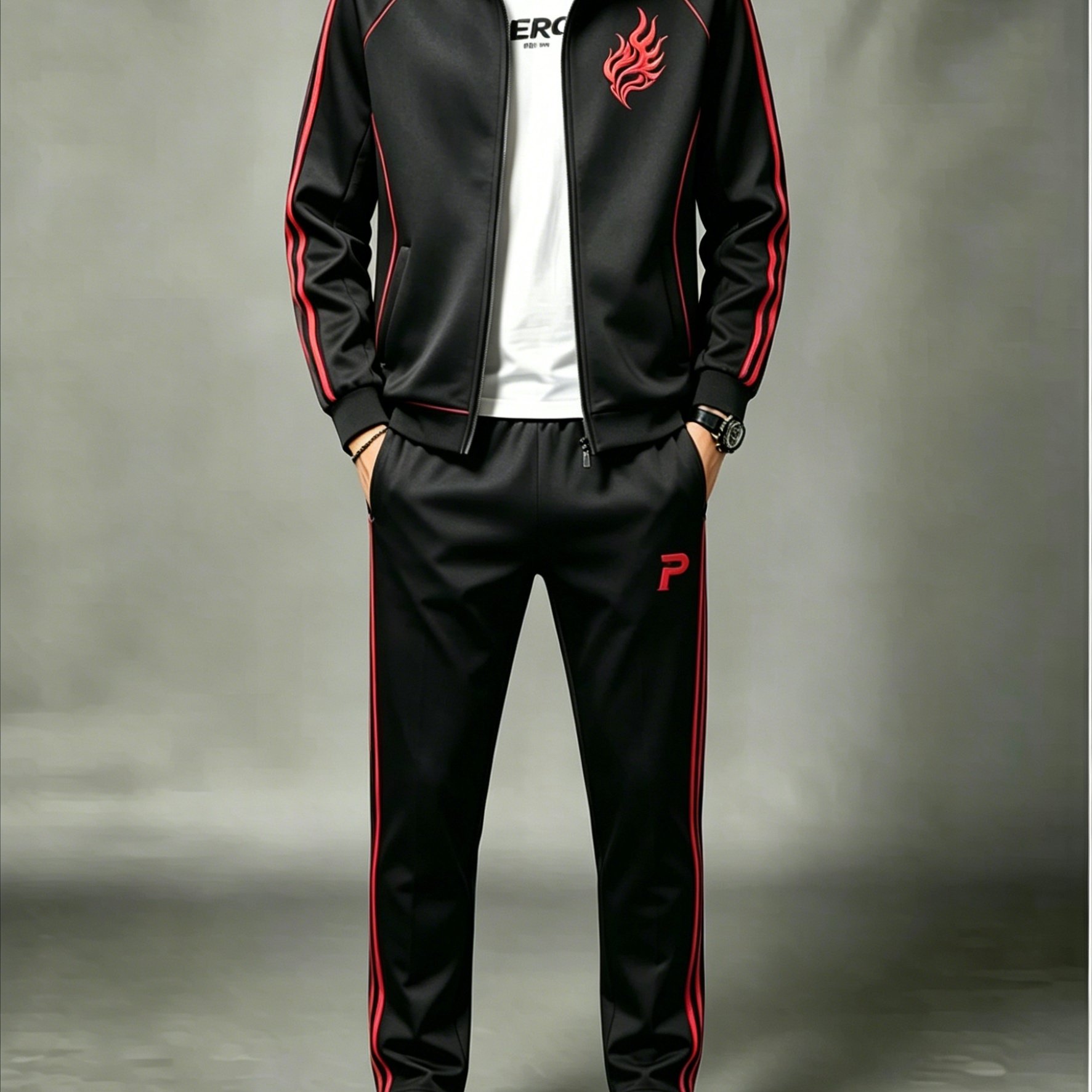 Men's Polyester Stand Collar Cardigan Set Casual Sports Black Two-piece Outfit With Stripes