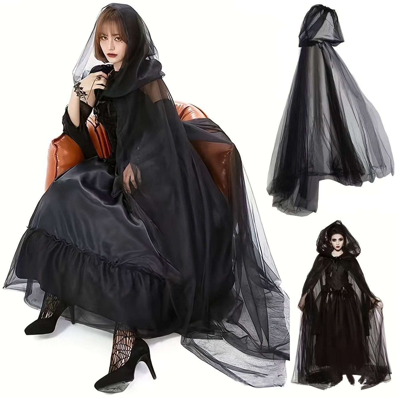 TEMU Halloween Black Gauze Cape Witch Death Hood Gothic Black Gauze White Gauze Mysterious Vampire Cloak Sheer Black Gauze Women's Costume Cosplay