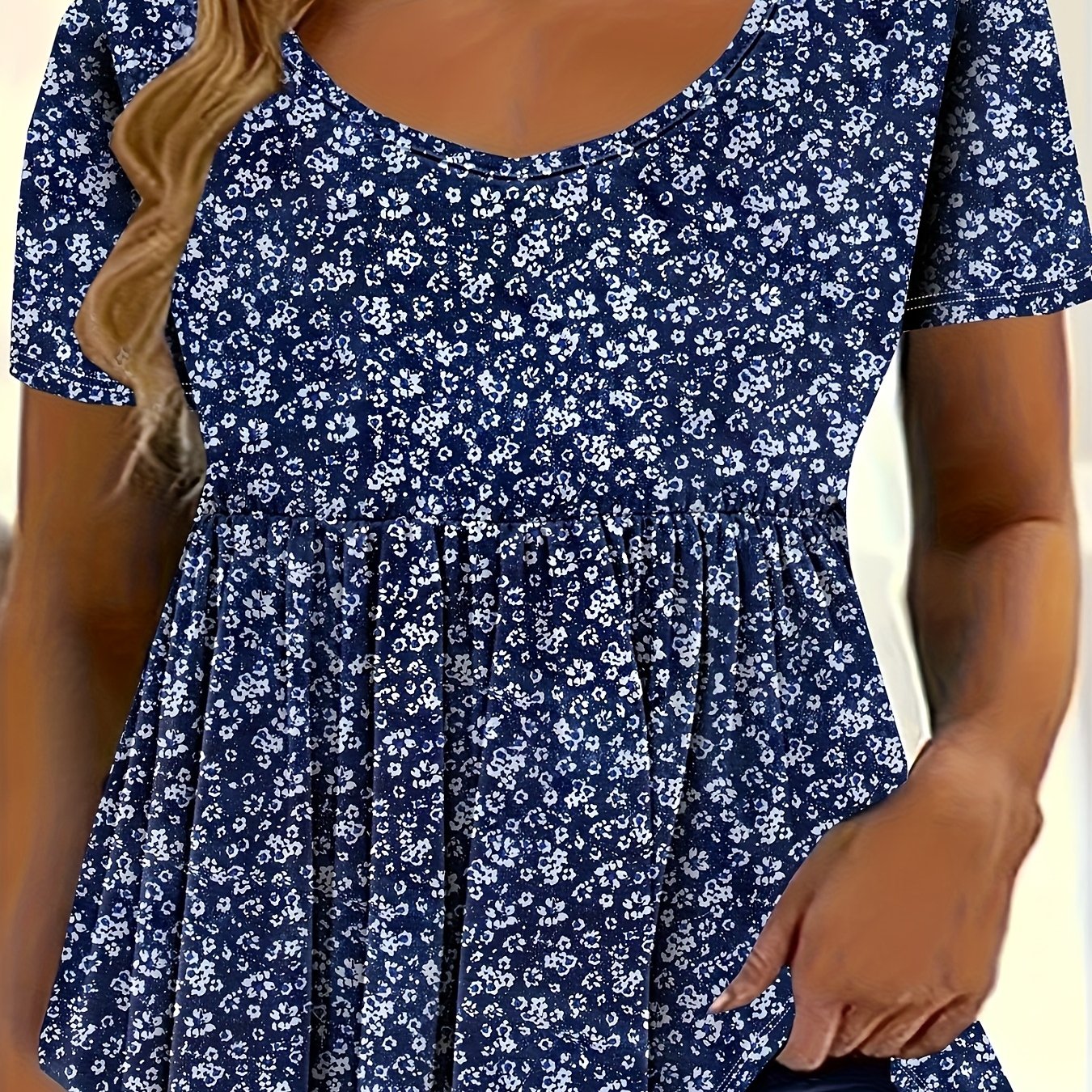 Plus Size, Women's Elegant Plus-size Floral Print T-shirt, Pleated Design, Short Sleeve, Polyester Blend, Machine Washable