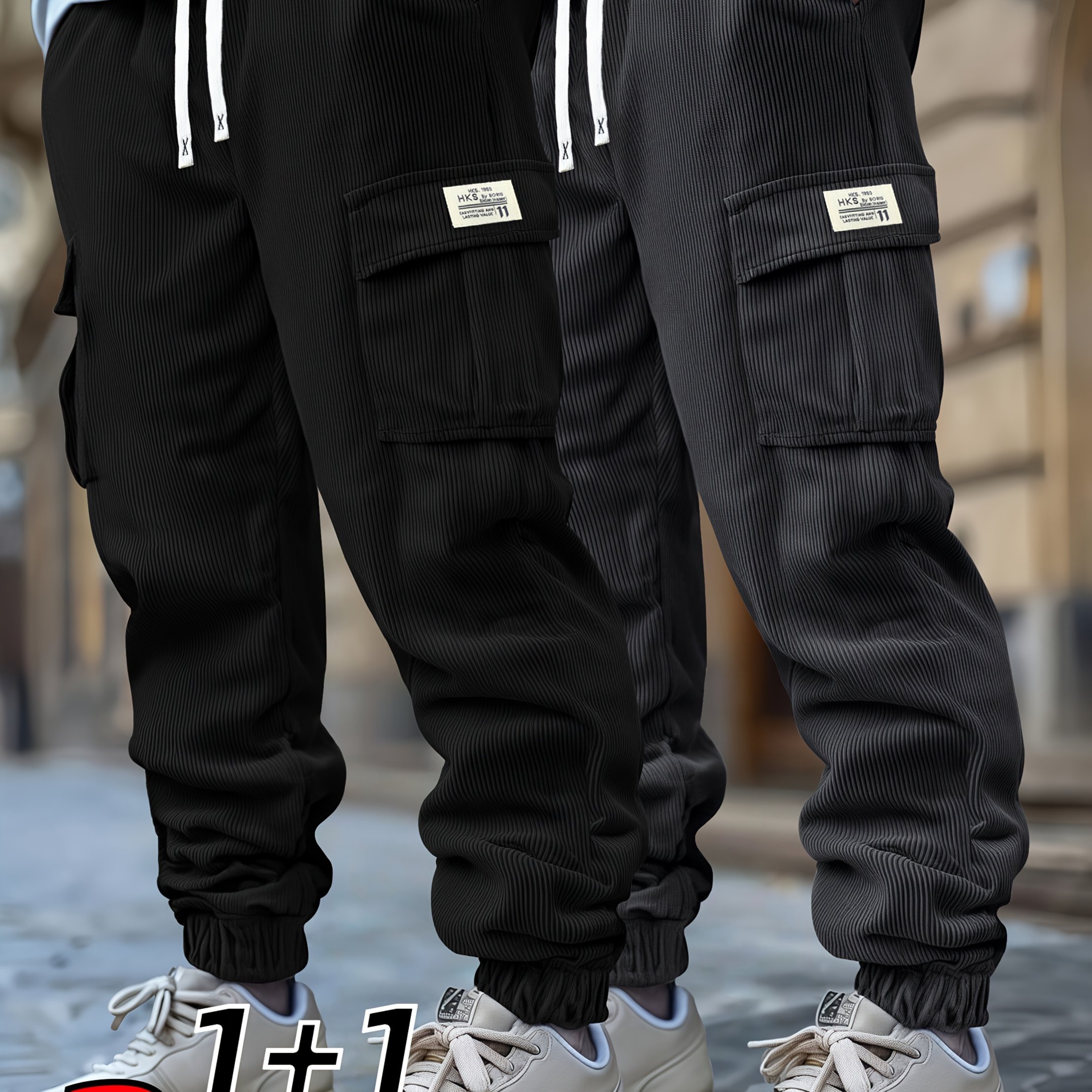 Image of Two-pack Men's Corduroy Durable, Warm, Thick Fabric Cargo Pants With Three-dimensional Pockets And Solid Color Drawstring Waistband - Perfect For Casual Wear, Holidays, Fashionable , Ideal Gift