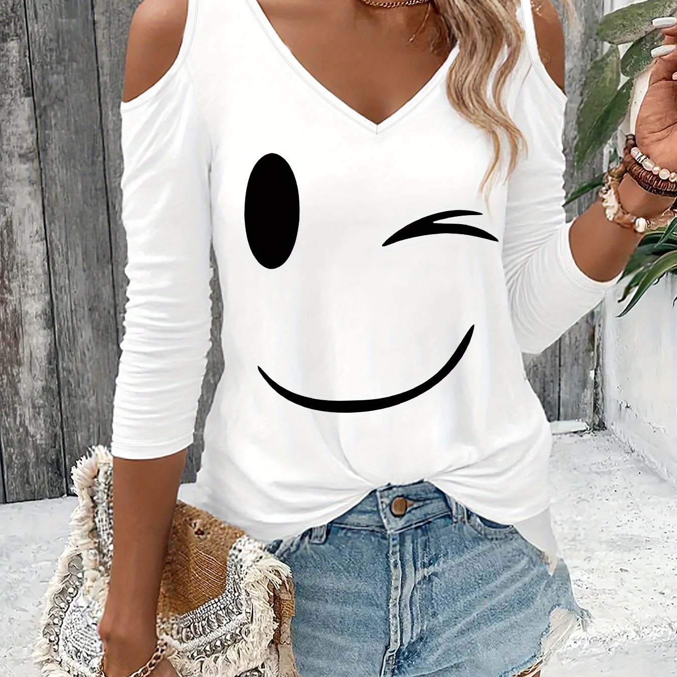 TEMU T-shirt con stampa , top casual a maniche lunghe con scollo a V per e , abbigliamento da donna