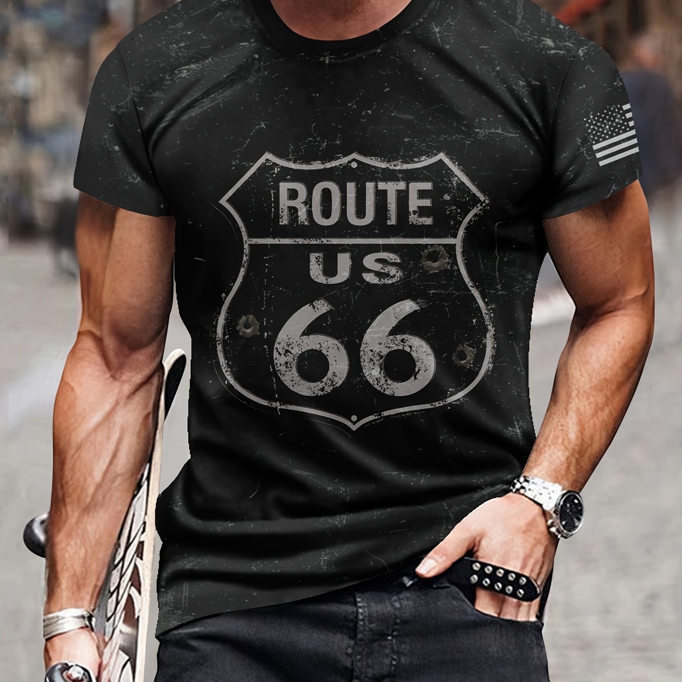 TEMU Men's Route Us 66 Print T-shirt, Casual Short Sleeve Crew Neck Tee, Men's Clothing For Outdoor