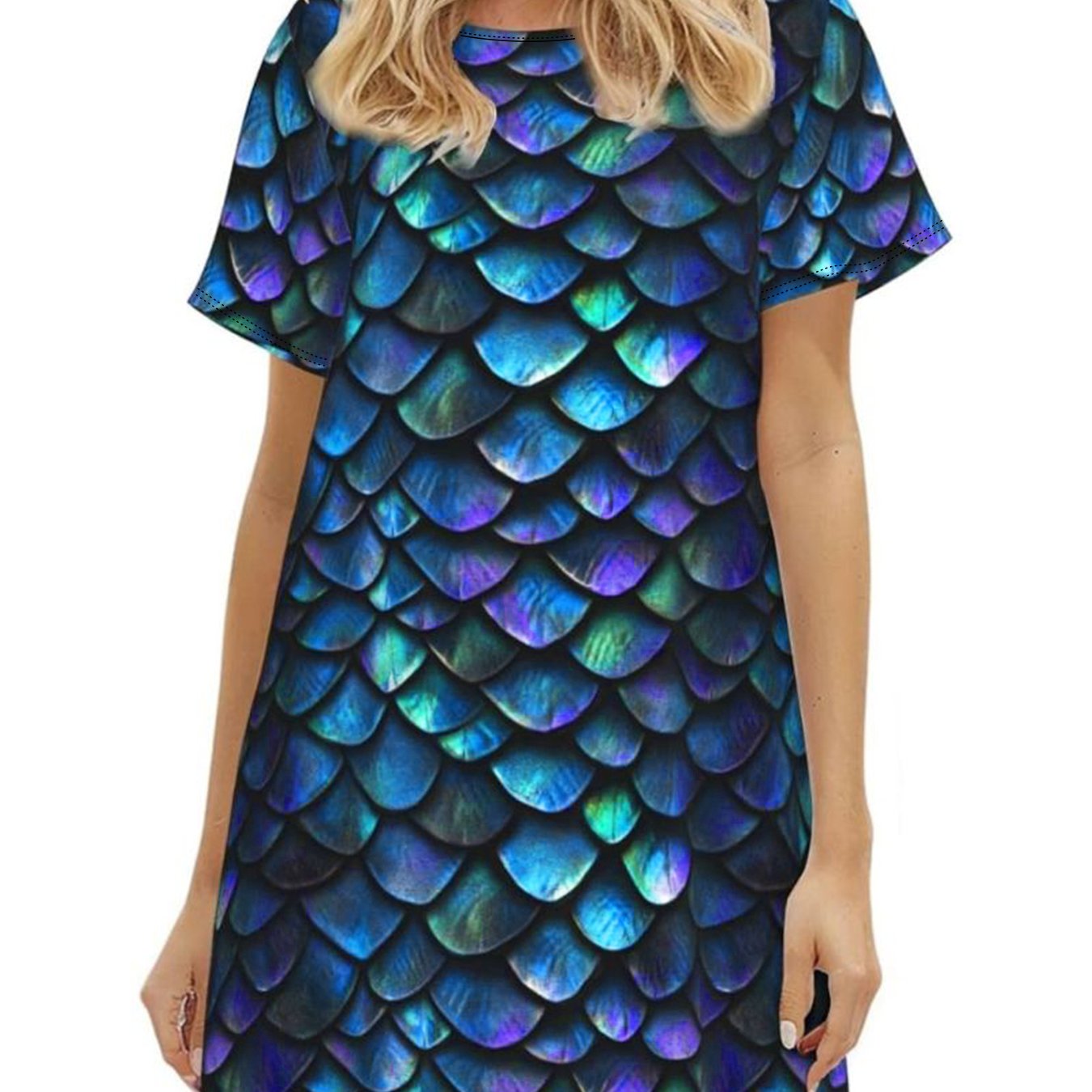 E-shop Damen Casual Fischschuppen-Print T-Shirt-Kleid - Kurzarm Rundhals Lockerer Schnitt, Hauskleid, Tag- Nacht-Pyjama, Bequemes Weiches Elastisches