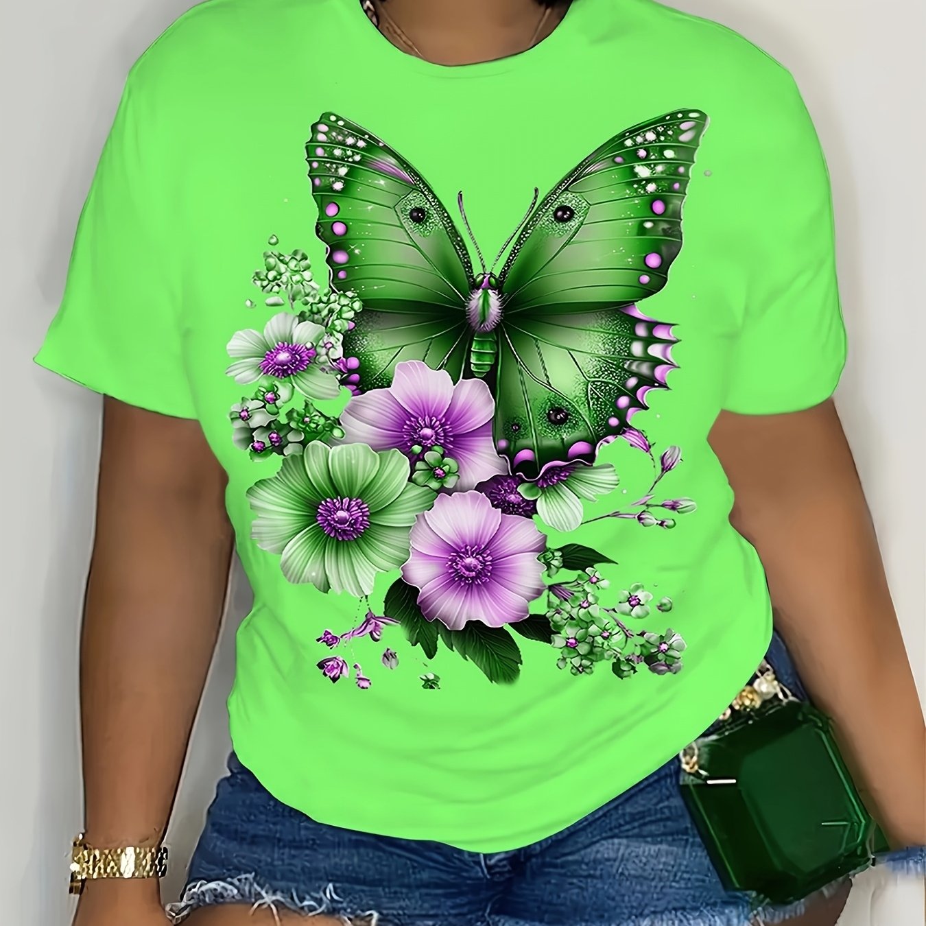 Plus Size - Plus Size - Floral Print T-shirt, Women's Spring And Summer Floral Print T-shirt, Short-sleeved Round Neck Plus Size Casual Top, Women's Spring And Summer