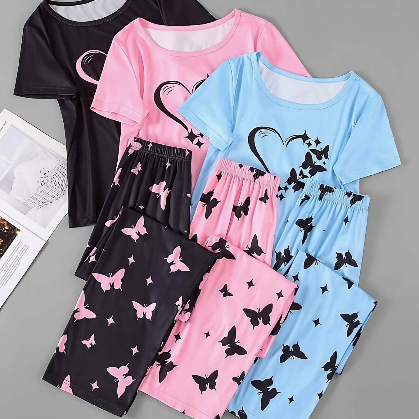 TEMU Women's Casual Pajama Set - Heart & Butterfly Print, Short Sleeve Top & Long Pants, 3pcs Sleepwear Collection