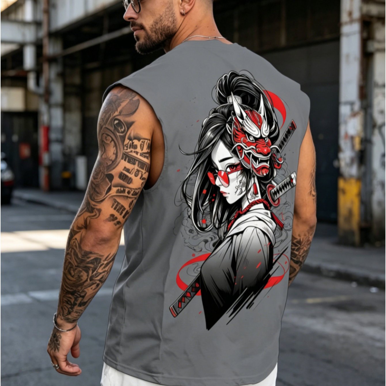 TEMU [printed Design-not Textured] Premium 's Vest 2026 Summer Japanese Hannya Illustration Plus Size Sleeveless Vest Suitable For Home And Outdoor
