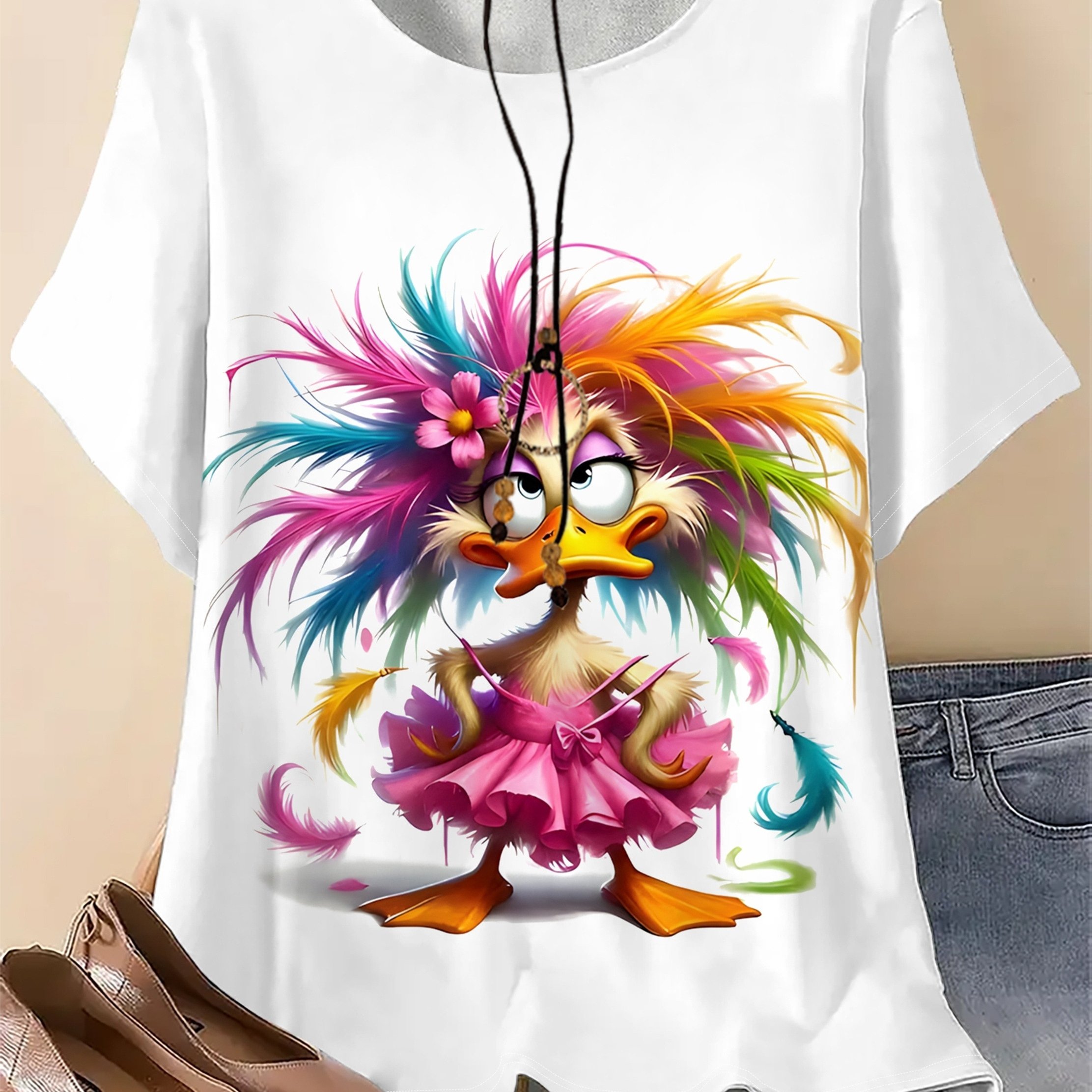 Image of Plus Size - Plus Size Women's Ballet Skirt Print Short-sleeve T-shirt, Colorful Duck Pattern Round Neck Casual Top, Machine Washable, Comfortable For And Casual Wear