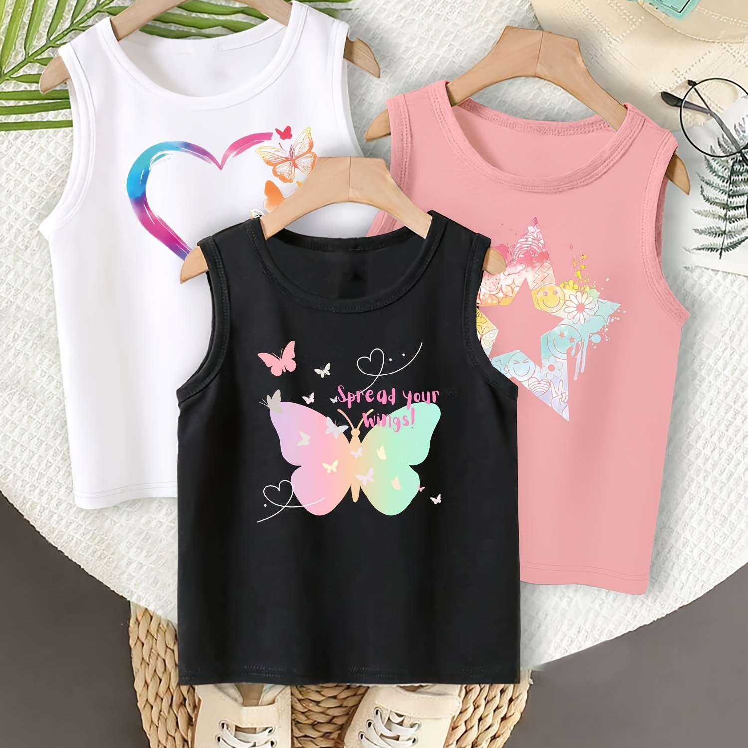 Image of 3pcs Girls' Summer Sleeveless Knit Vests - , Heart & Slim Fit Round Neck Tops, Breathable Stretchy Machine-washable Sporty Casual Outfits For Playtime & Outdoor Activities, Outfits For Girls