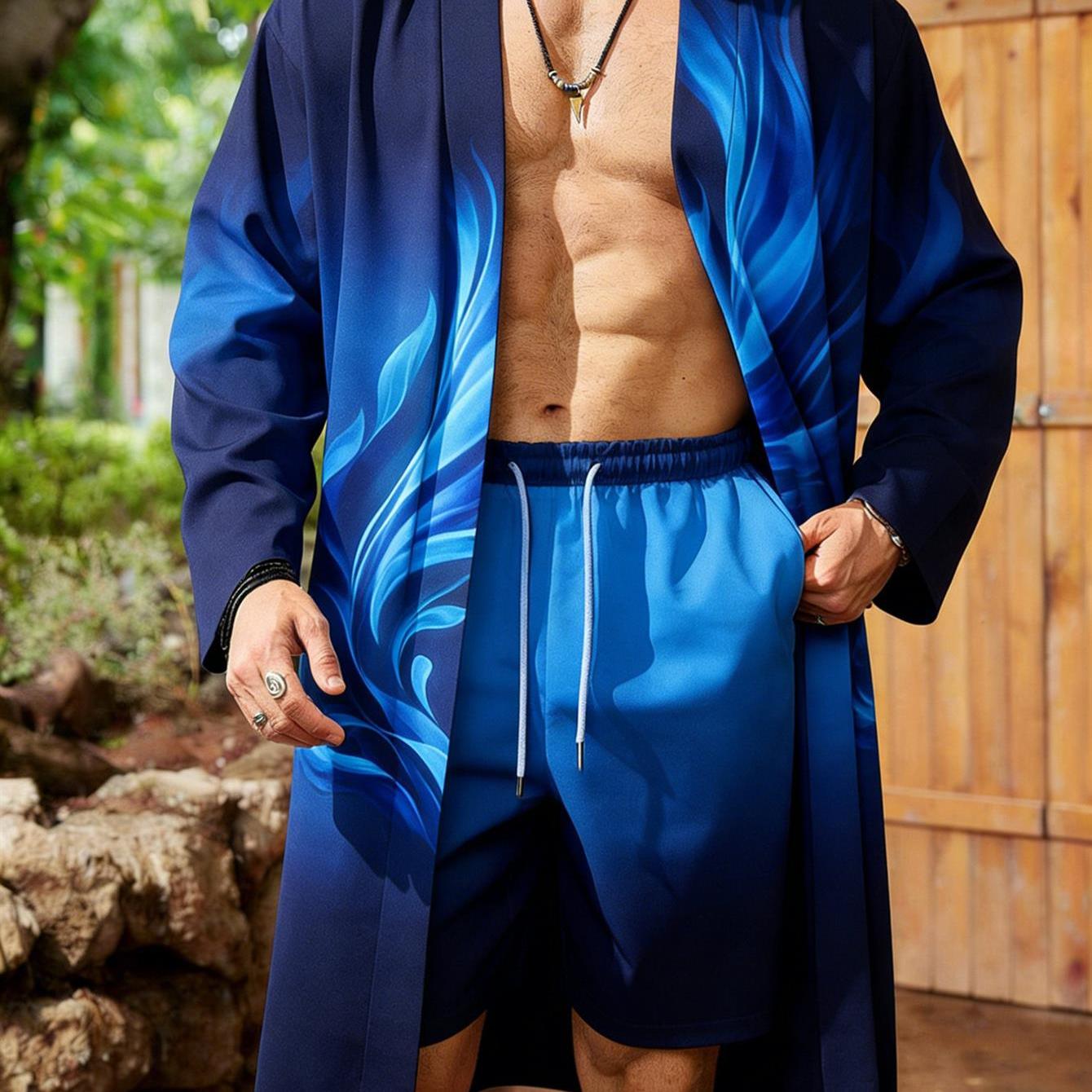 Image of Plus Size Men' Print Long Shawl Casual Suit 100% Polyester, Blue Flame Print Kimonostyle Cardigan And Shorts Set, Regular Fit, Casual Spring Summer Fall Vacation & Beach Resort Wear, Plus Size