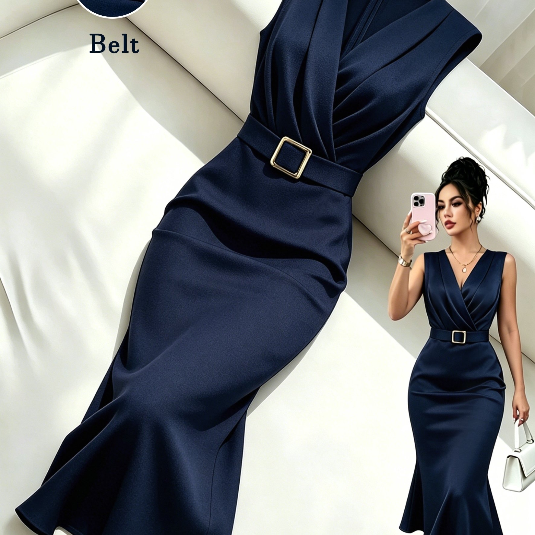 TEMU Women's Elegant Solid Color Bodycon Mermaid Dress, V-neck Fitted Business Commuter Wear, With Shiny Metal Accents, Stretch Fabric, Machine