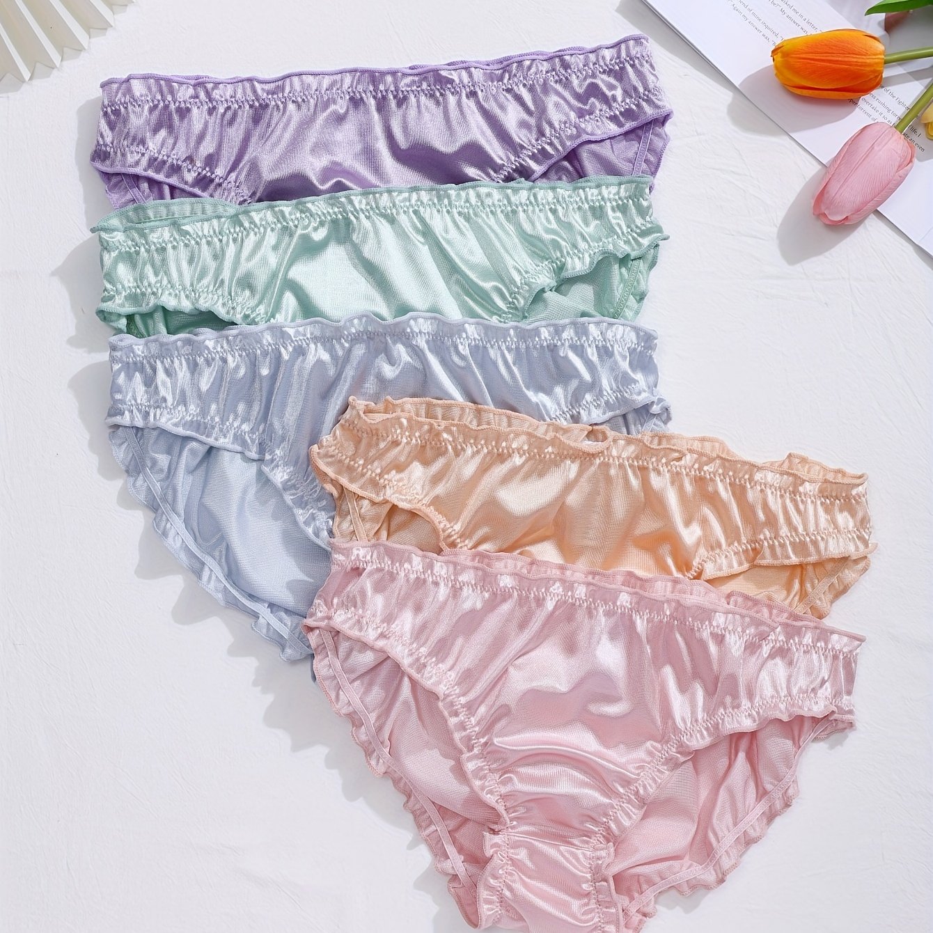 5pcs Solid Satin Frill Trim Low Waist Briefs, Soft & Comfy Stretchy Panties