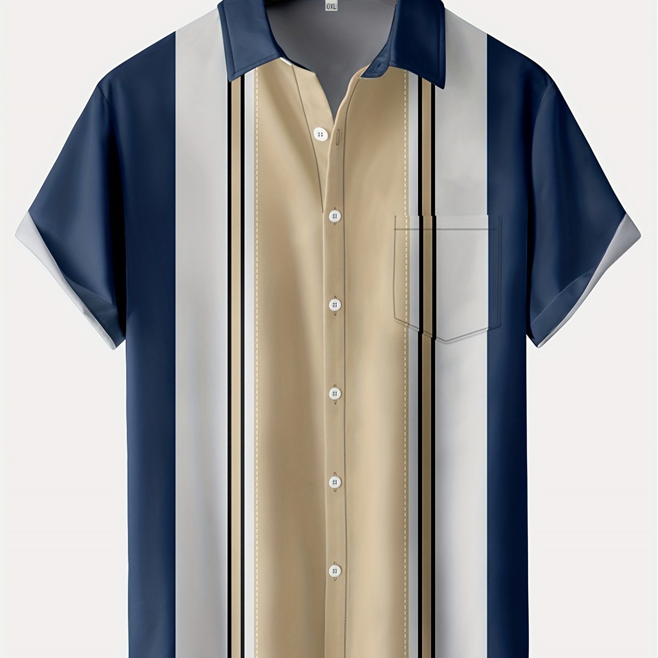 TEMU Color Block Striped Chest Pocket Short Sleeve Turn- Collar Bowling Shirt