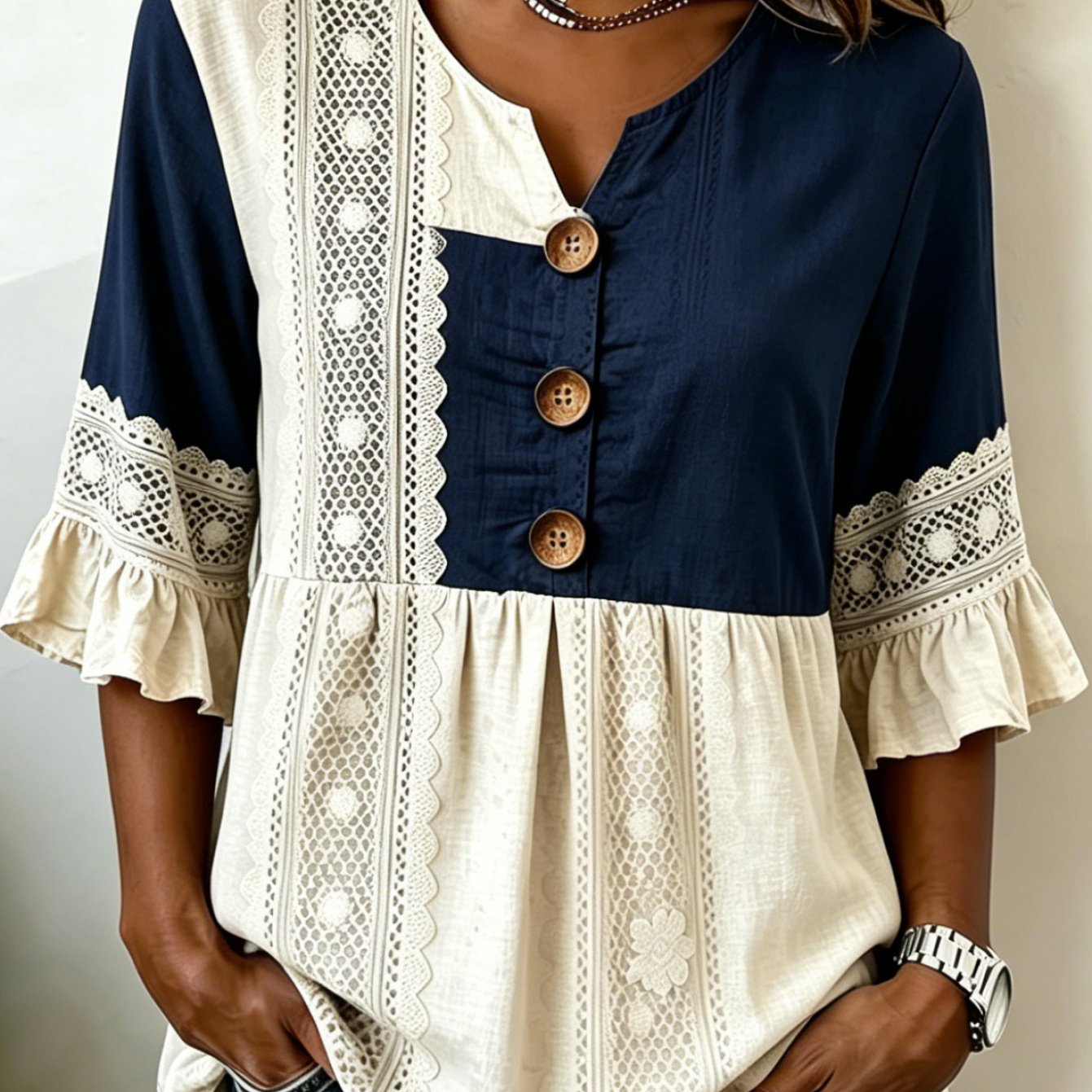 TEMU Women's V-neck Mid-sleeve Ruffle Sleeve Shirt With Lace And Button Detail, Boho Chic Style For Casual Daily Wear, Summer , Or Vacation