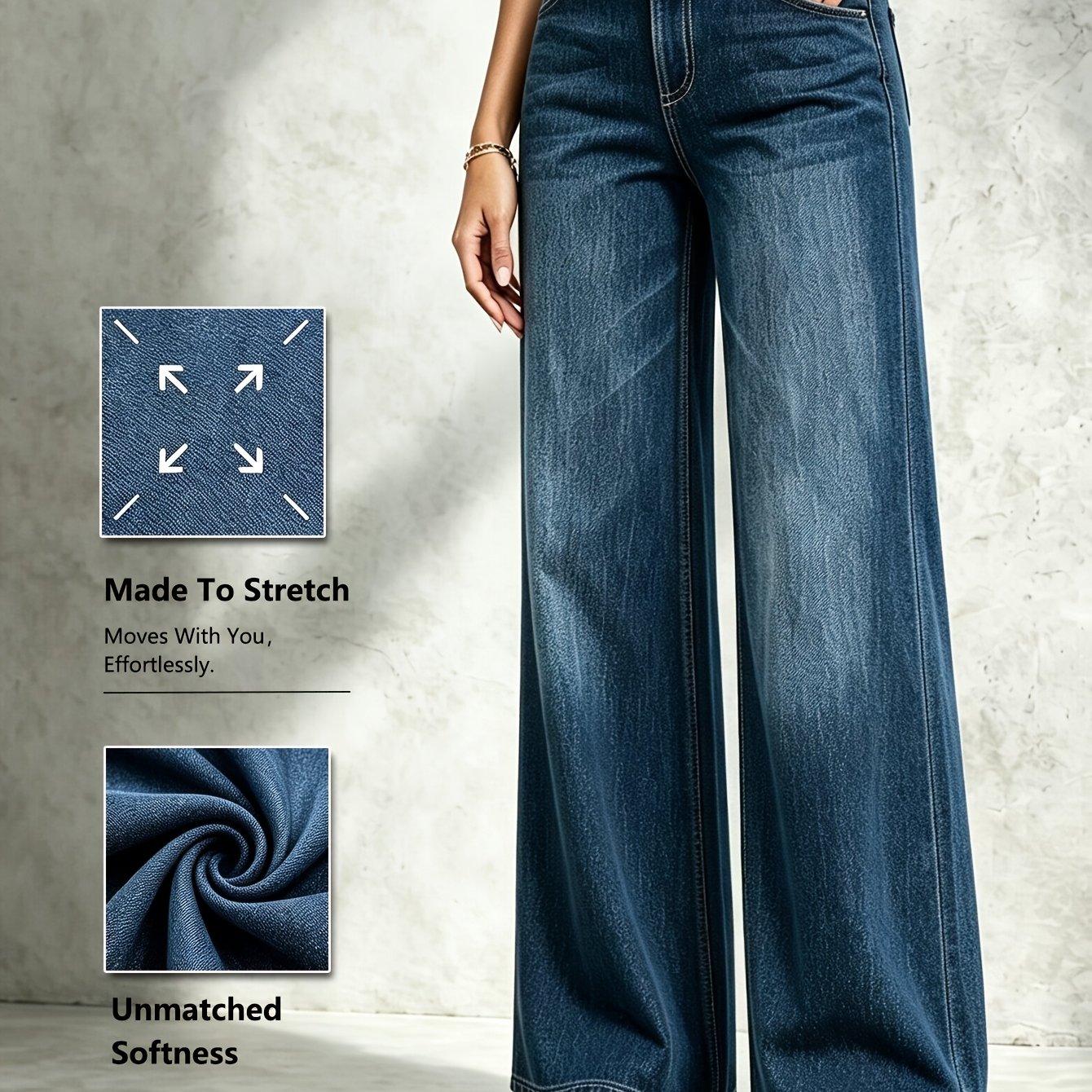 Women's High Waisted Wide Leg Jeans, Stretch Tummy Control Non See Through Retro Denim Pants, Quality Stitching Casual Trousers, Machine Washable For Office Daily Wear, Wardrobe Essential