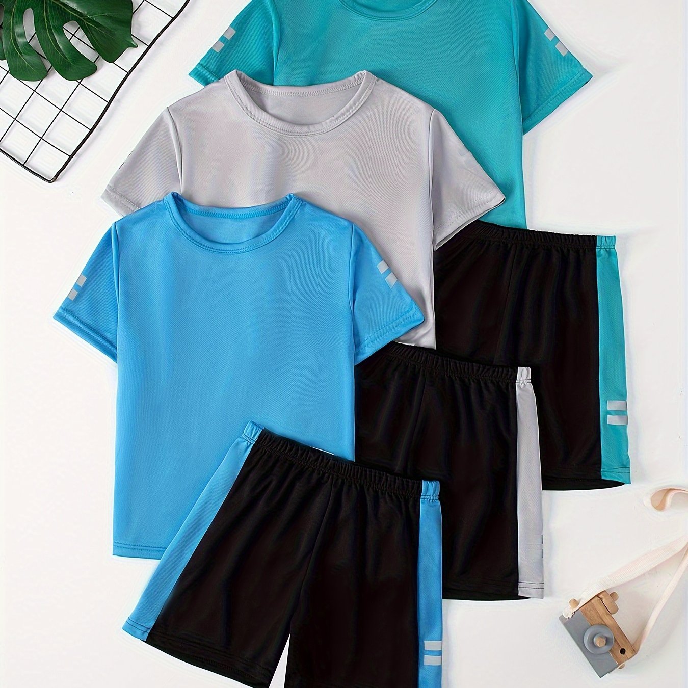 Image of 3pcs Set, 6pcs Pc, Large Children With Reflective Strips 3pcs Short Sleeve And 3pcs Shorts Set, Breathable Comfortable Sports Casual Set Summer Short Sleeve And Shorts Set, For Outdoor